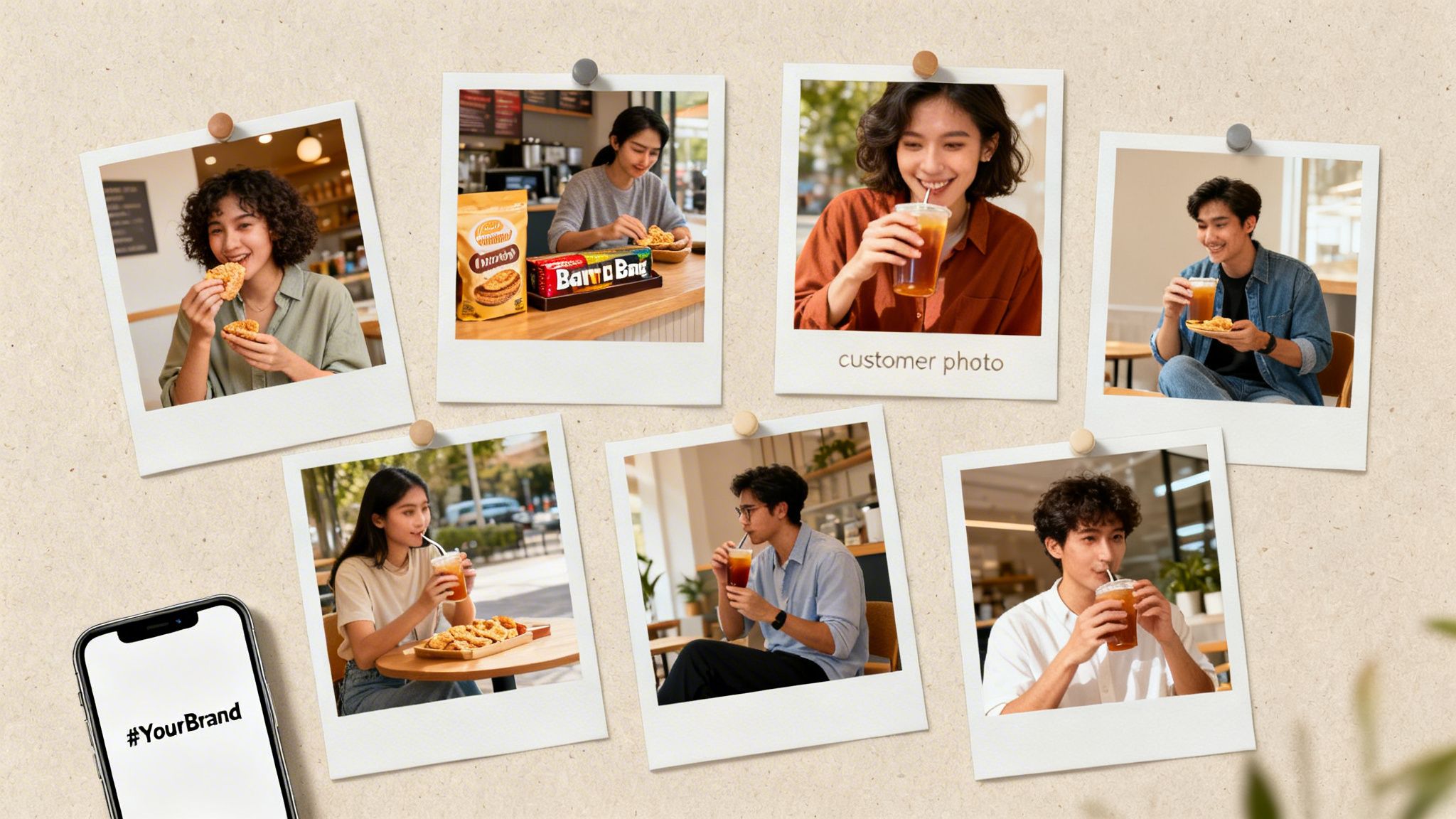 A collage of polaroid photos showing diverse young adults enjoying snacks and drinks in casual settings, with a smartphone displaying #YourBrand.