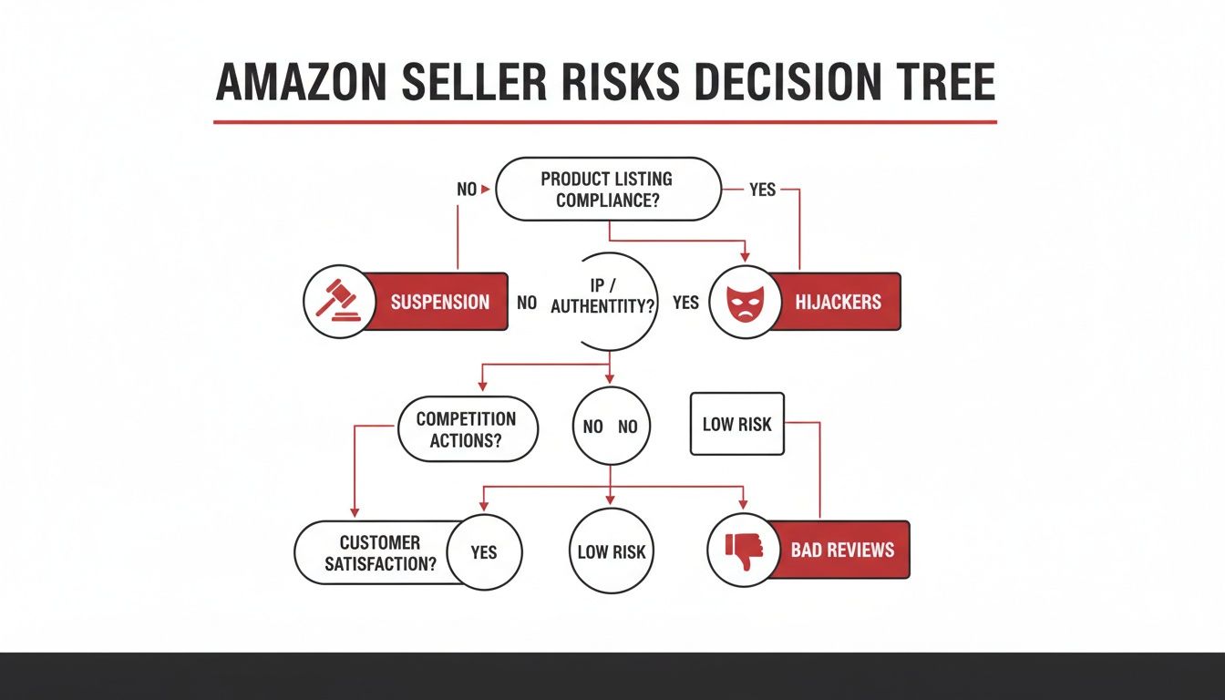 An Amazon seller risks decision tree flowchart showing paths to suspension, hijackers, bad reviews, or low risk.