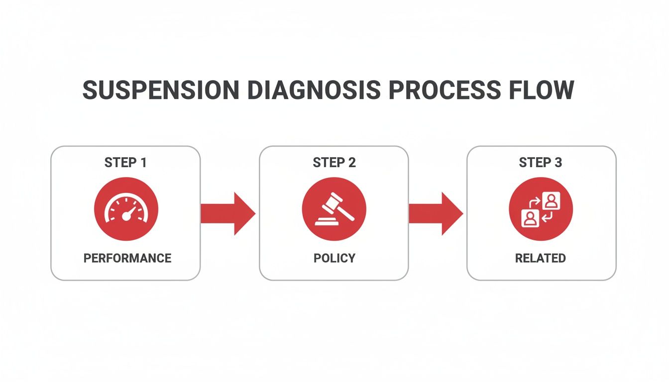 A process flow diagram illustrating three steps for suspension diagnosis: Performance, Policy, and Related factors.