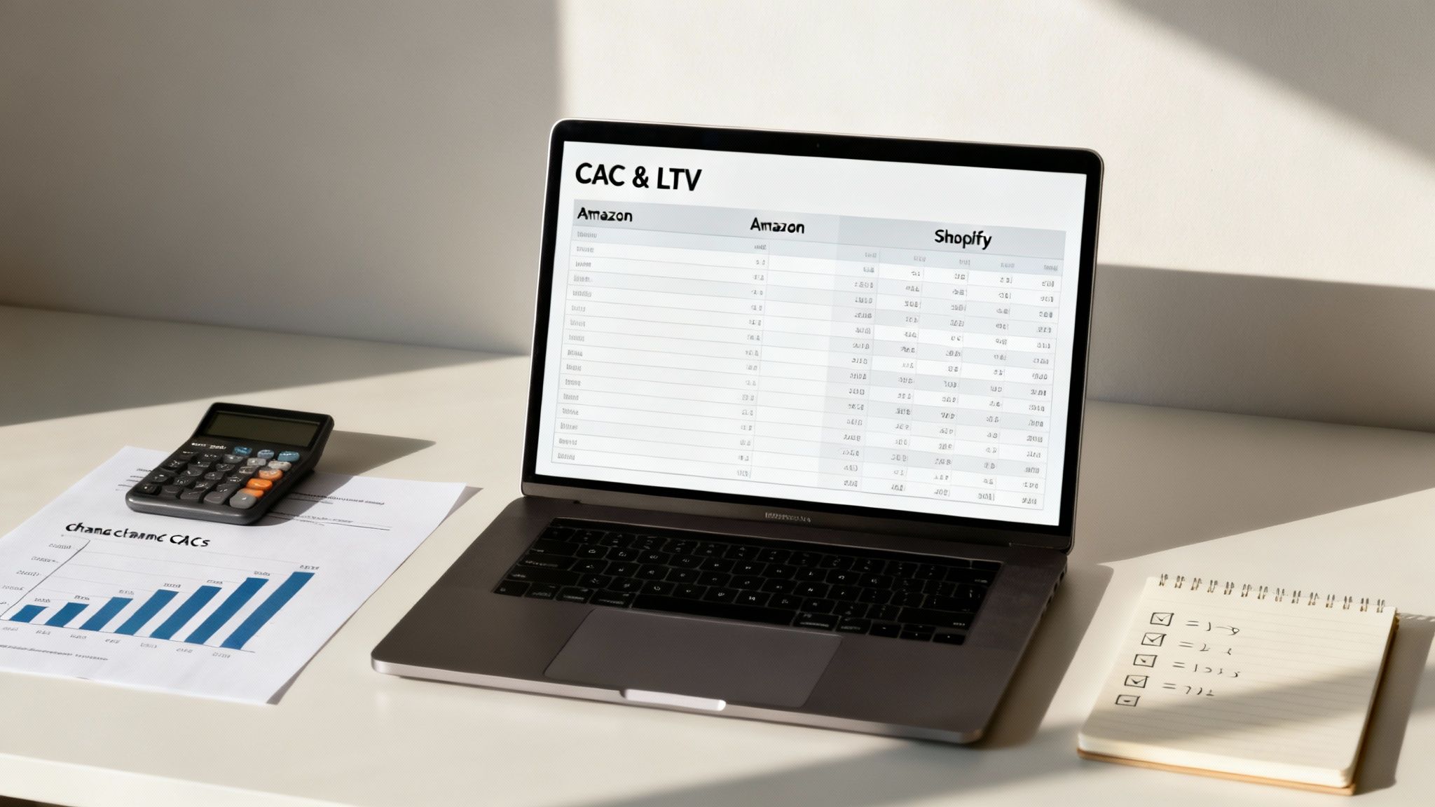 A laptop displaying CAC and LTV financial data, alongside a calculator, bar chart, and notepad on a desk.