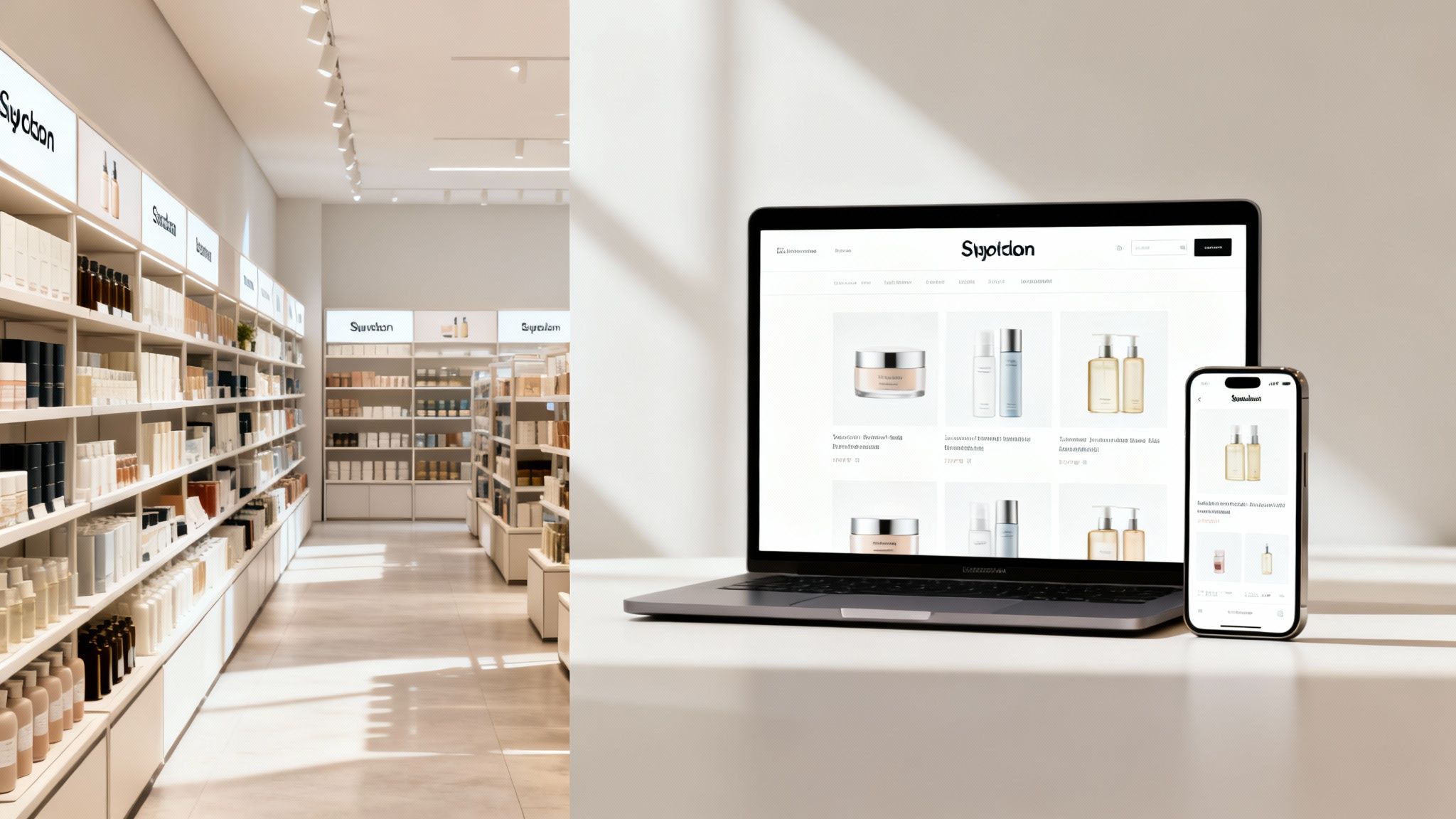 A modern retail store interior featuring shelves of beauty products next to a laptop and smartphone displaying an e-commerce website.