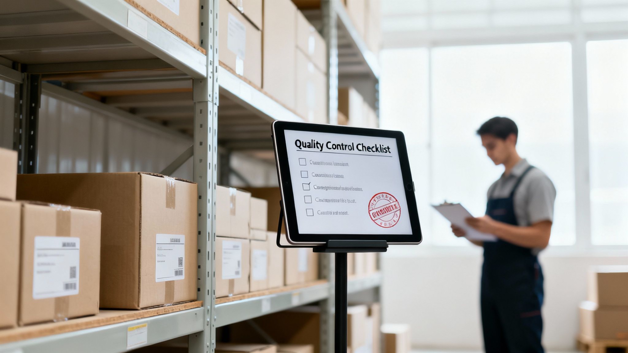 Tablet displaying a quality control checklist with a 'GUARANTEED' stamp in a warehouse.