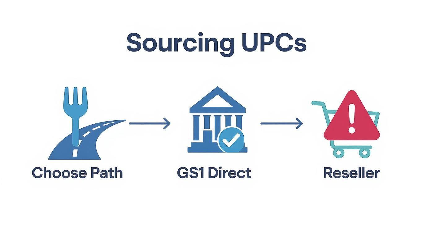 Flowchart showing UPC sourcing paths: GS1 Direct (recommended) and Reseller (with warning symbol).