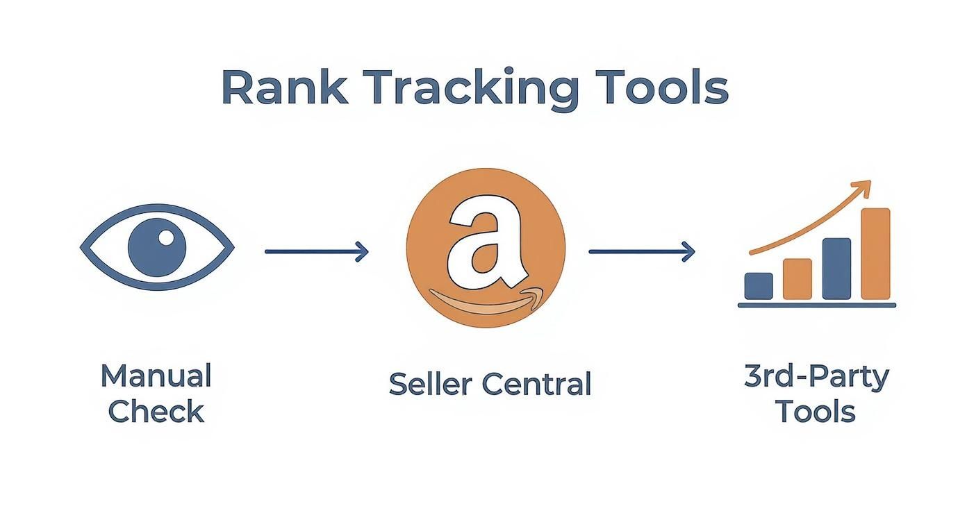 Diagram illustrating Amazon rank tracking tools: Manual Check, Seller Central, and 3rd-Party Tools.
