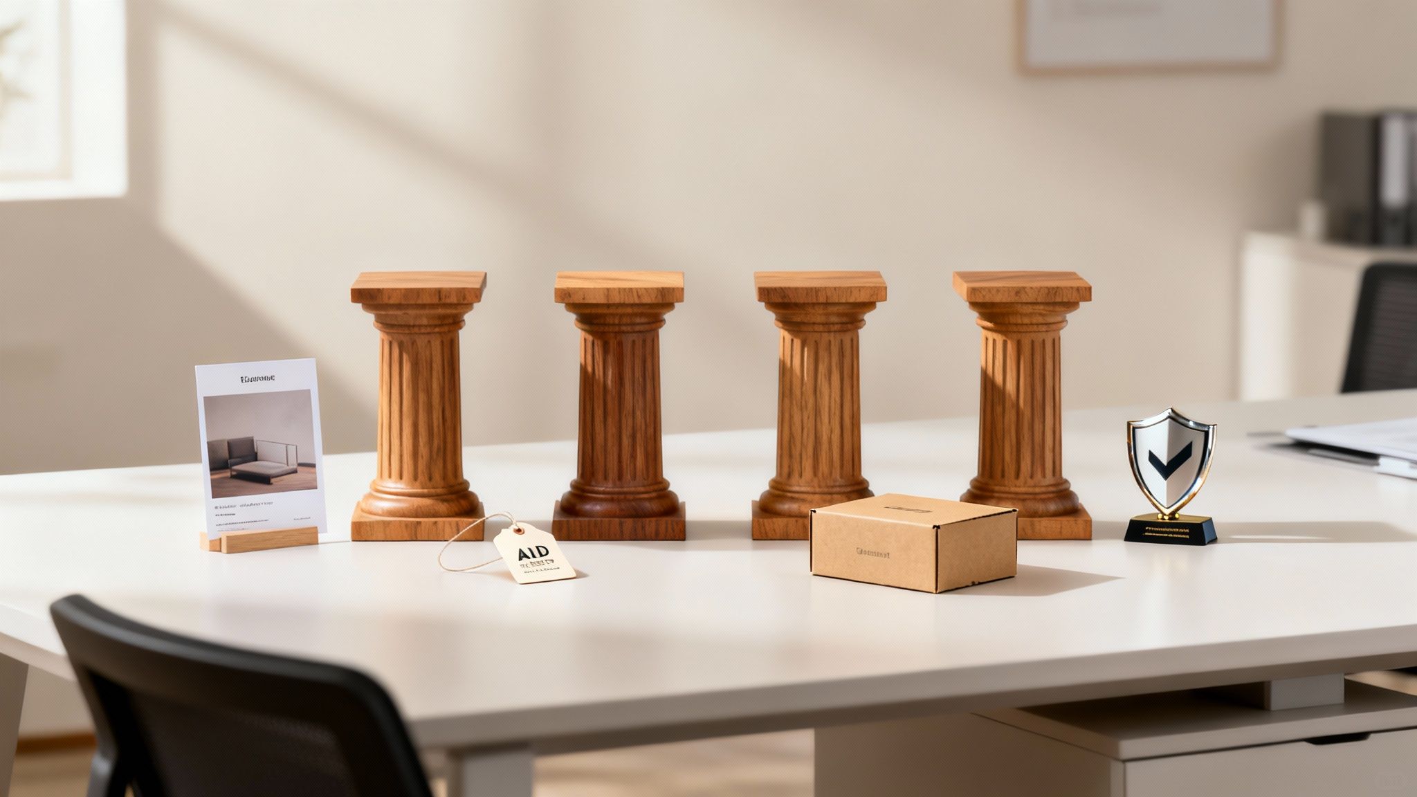 Four wooden pillars, a cardboard box, a shield trophy, and a card on a white office desk.