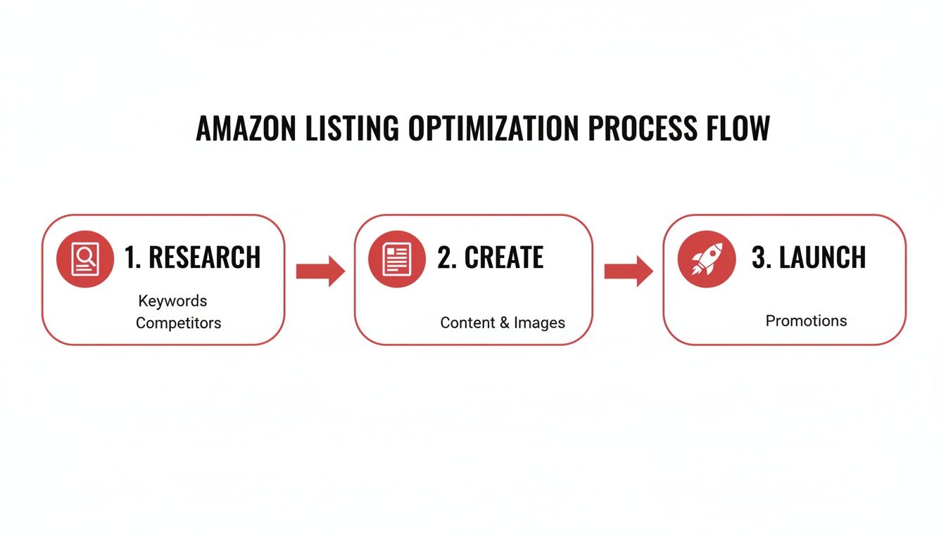 A visual guide to Amazon listing optimization, detailing research, content creation, and launch promotions.