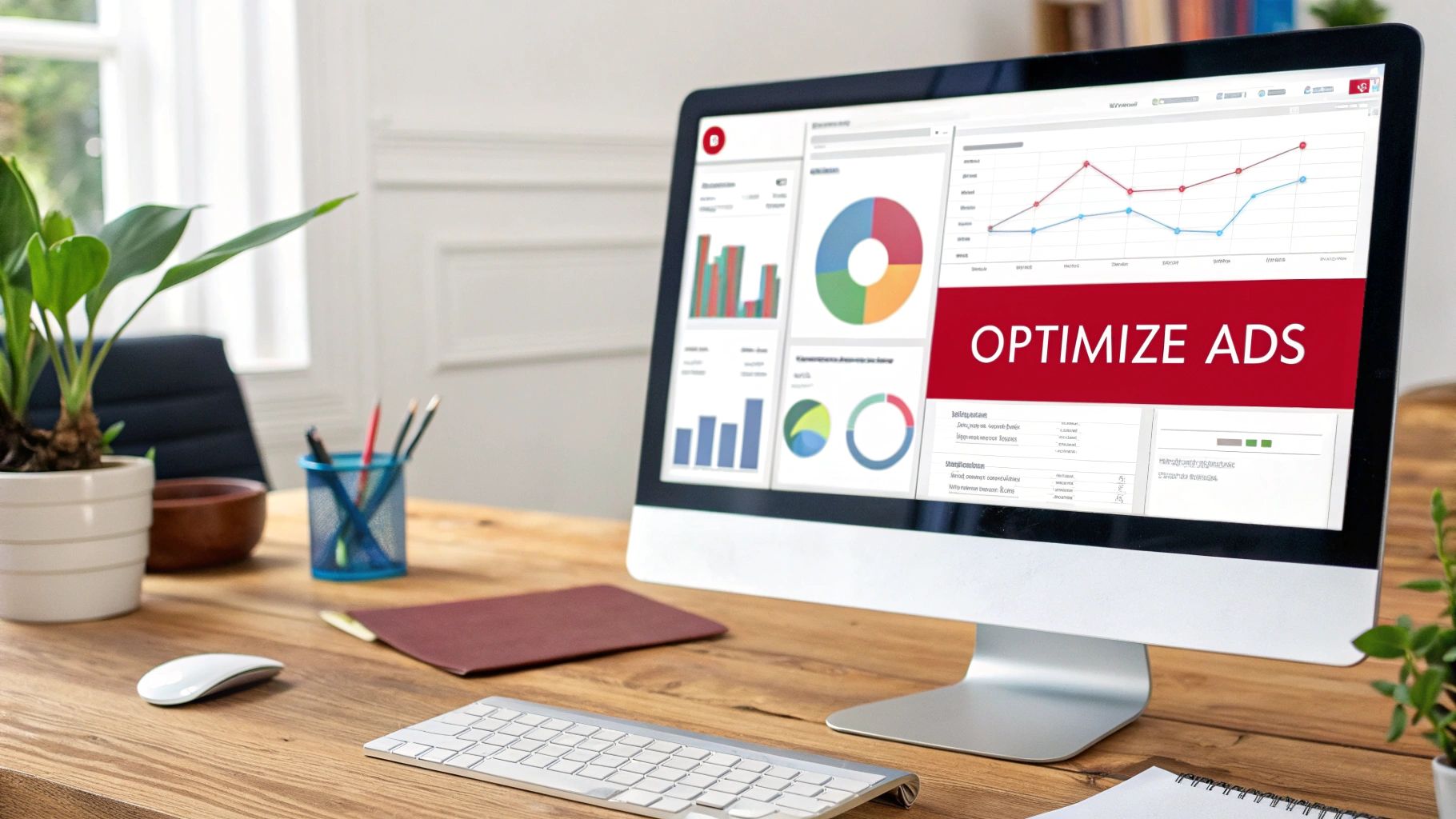 A person working on a laptop with charts and graphs in the background, representing data-driven optimization.