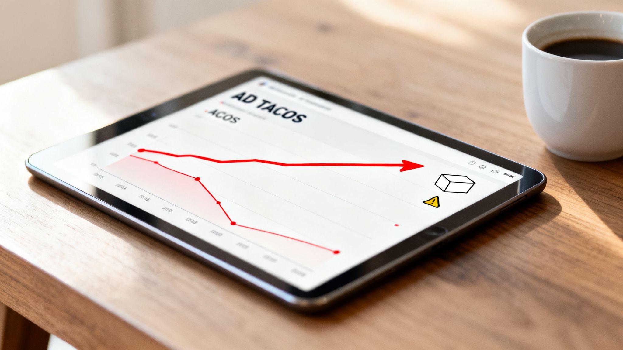 Tablet displaying an ad campaign performance report with ACOS and AD TACOS metrics on a graph.