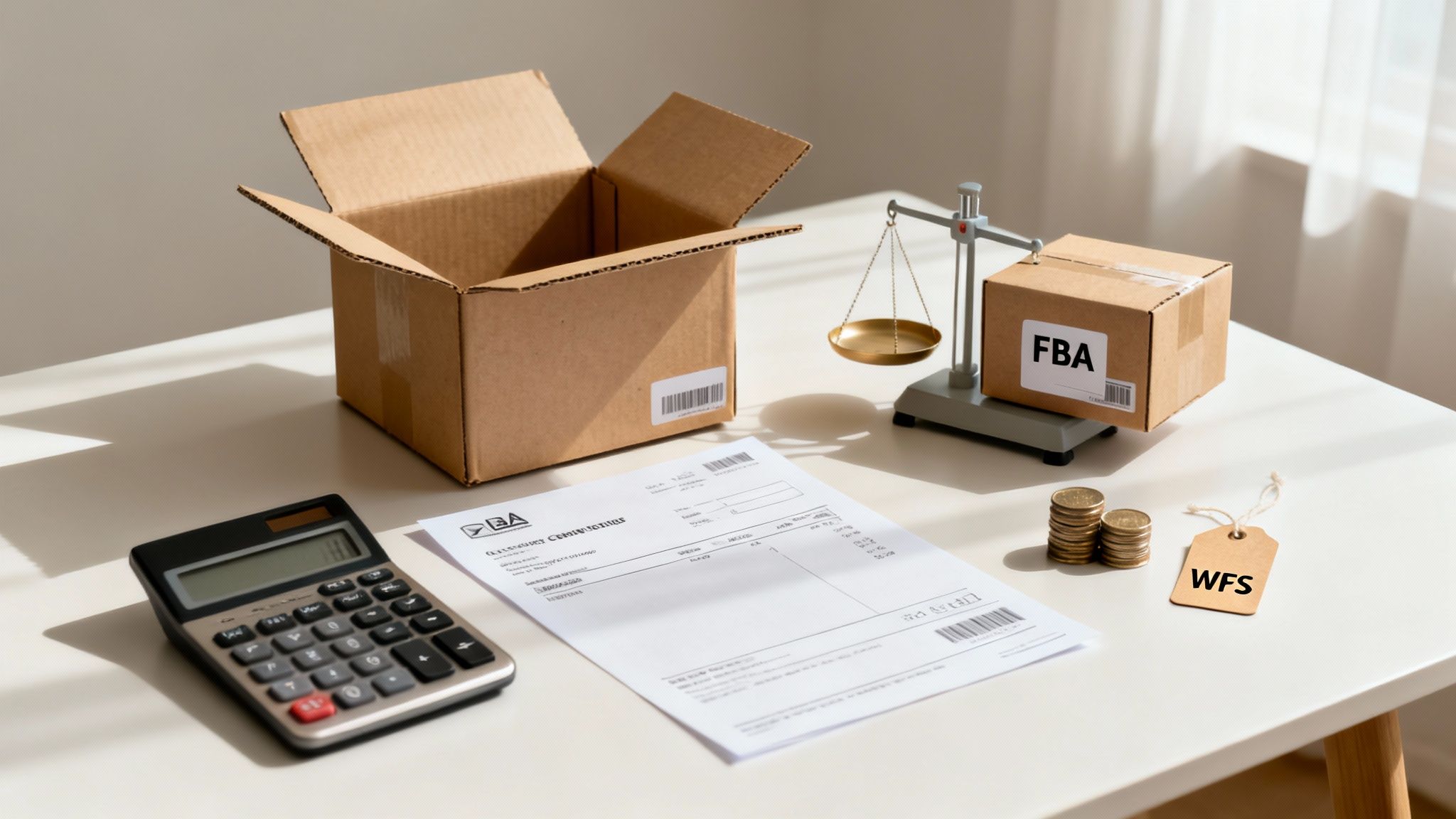 A desk with an open cardboard box, a scale weighing an FBA box, a calculator, a document, coins, and a WFS tag.
