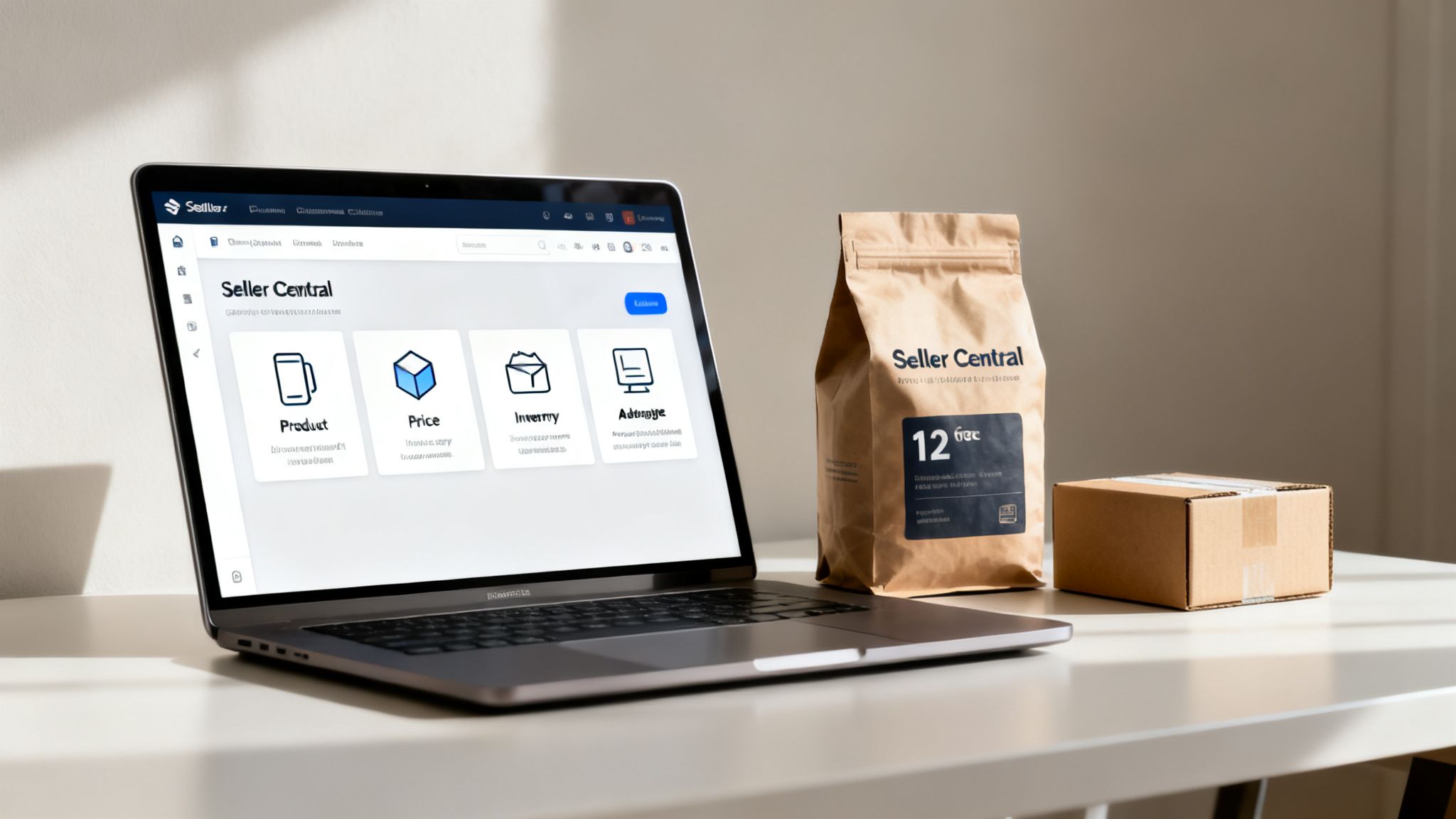 Laptop displaying a 'Seller Central' dashboard with product and inventory management tools, next to a branded bag and shipping box.