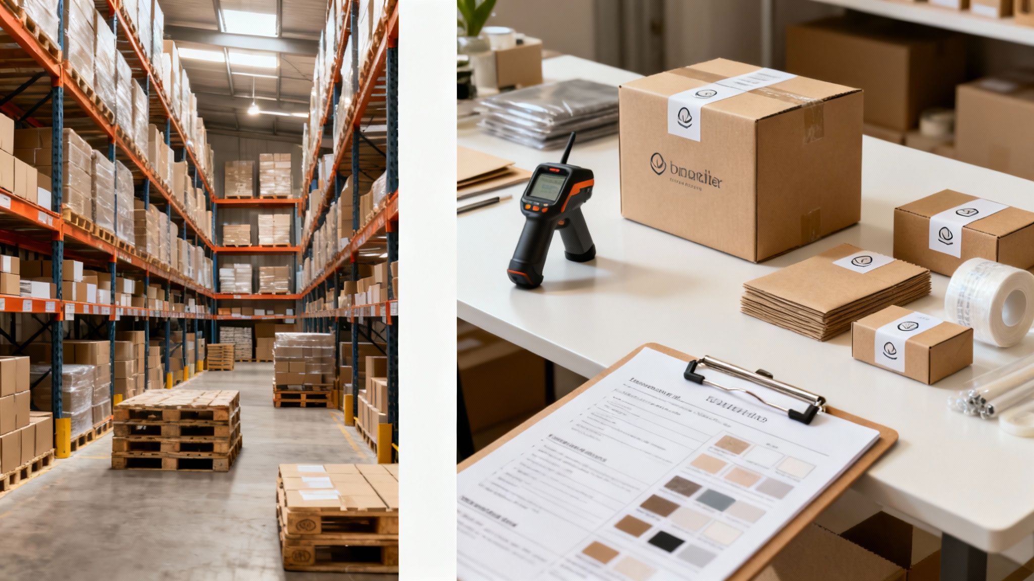 A split image shows a large warehouse with stacked boxes and a desk with shipping supplies and a scanner.