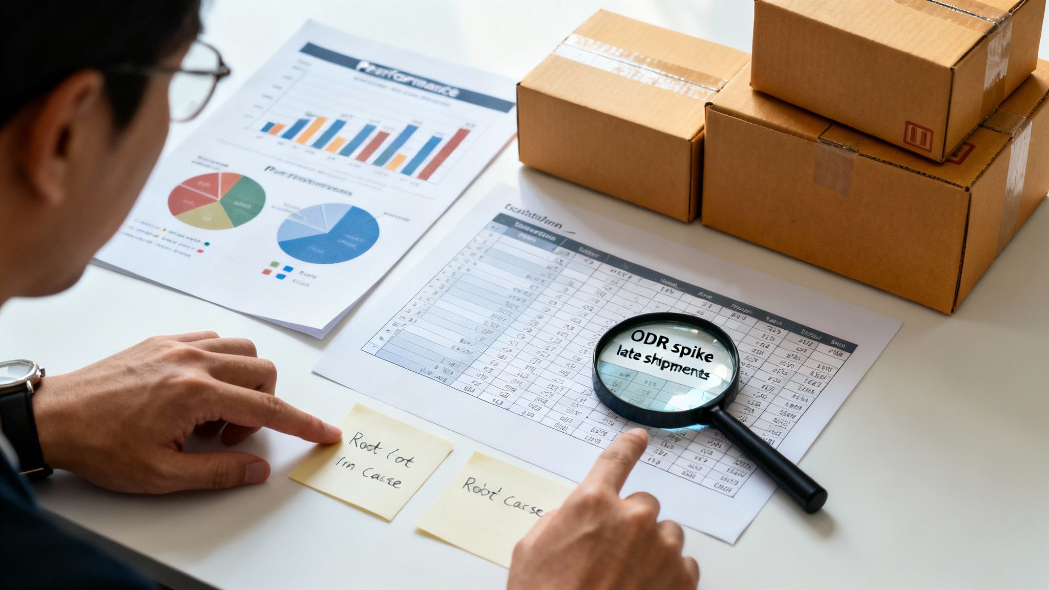 Person analyzing performance reports, ODR spike late shipments on a spreadsheet, with shipping boxes, identifying root causes.
