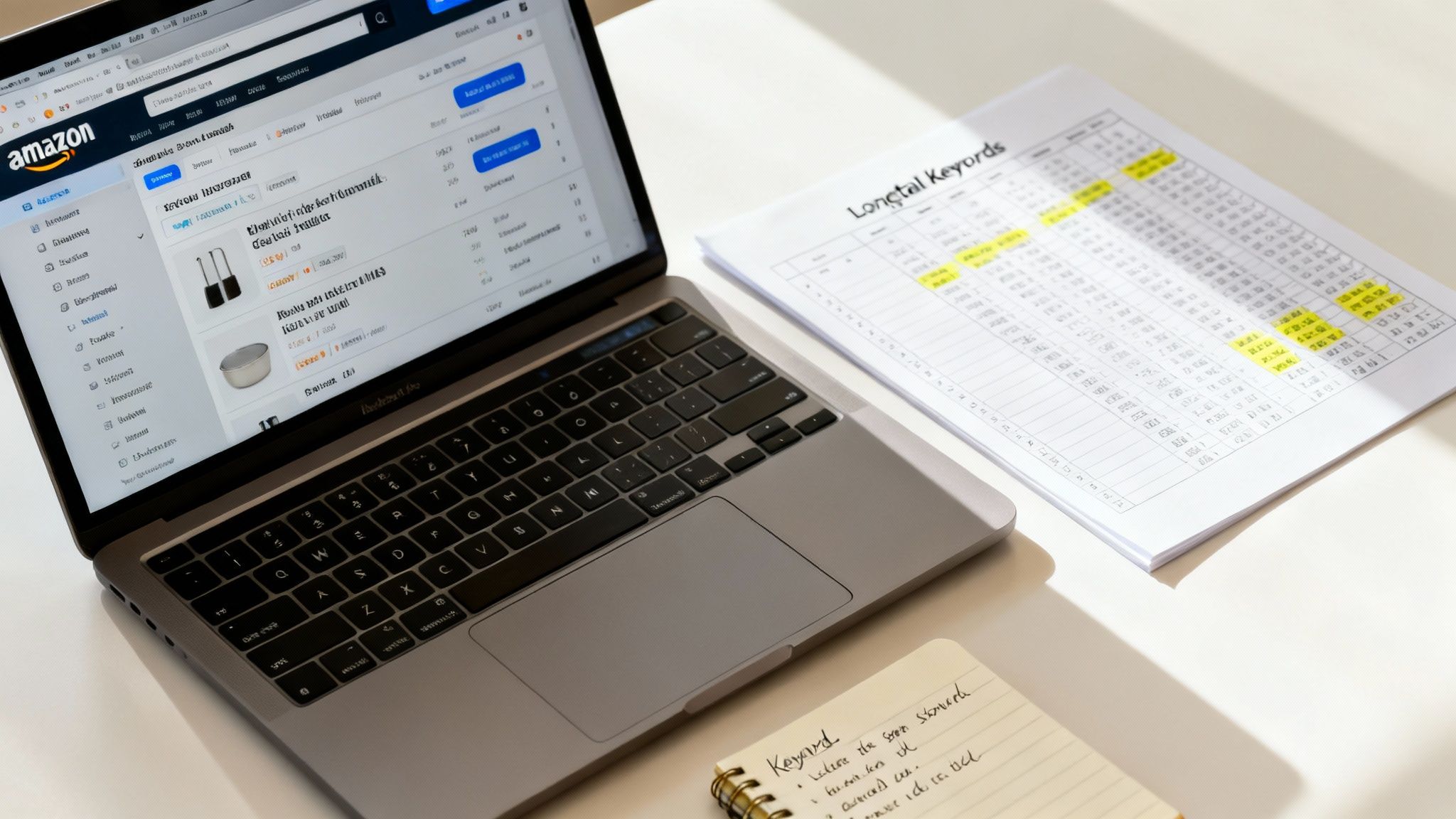 A laptop displays Amazon search results, alongside a document titled 'Longtail Keywords' and a notepad with keyword notes.