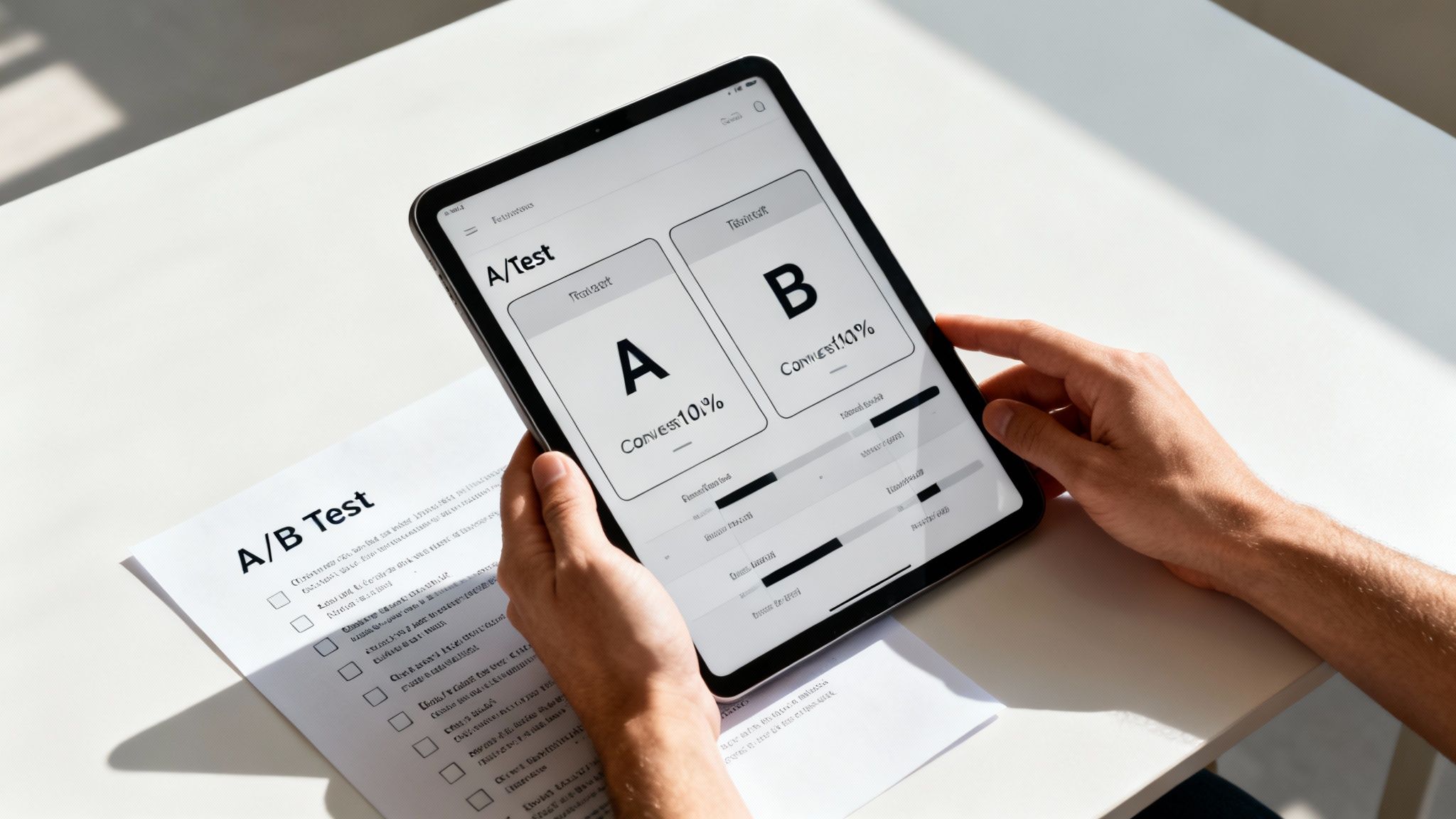 Person analyzing A/B test results on a tablet, with a matching printout on a white desk.