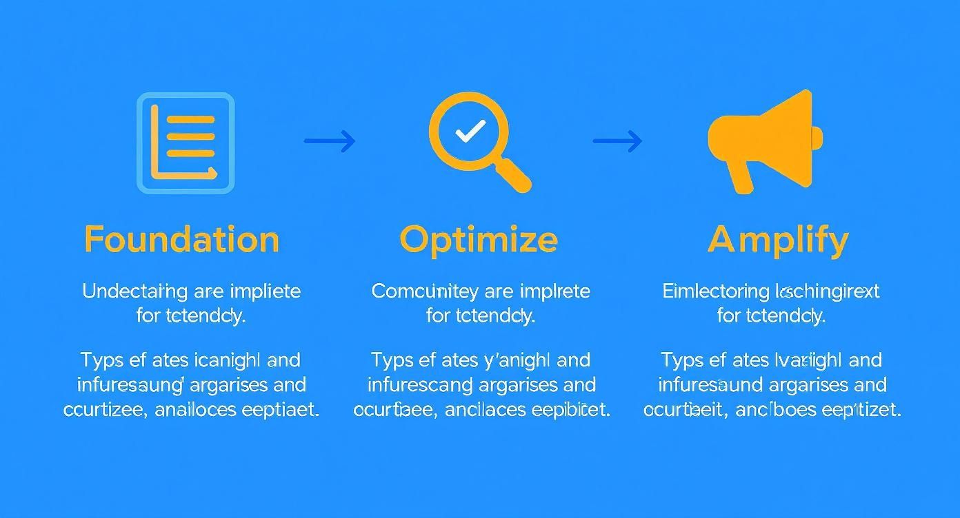 A three-step process infographic showing Foundation, Optimize, and Amplify with icons and text.