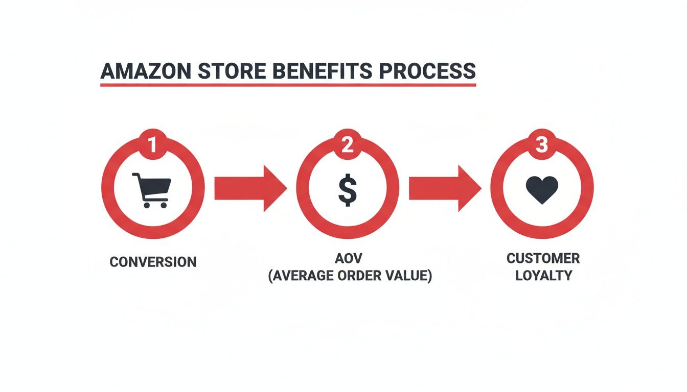 Flowchart detailing Amazon Store benefits, from customer conversion to loyalty and increased average order value.