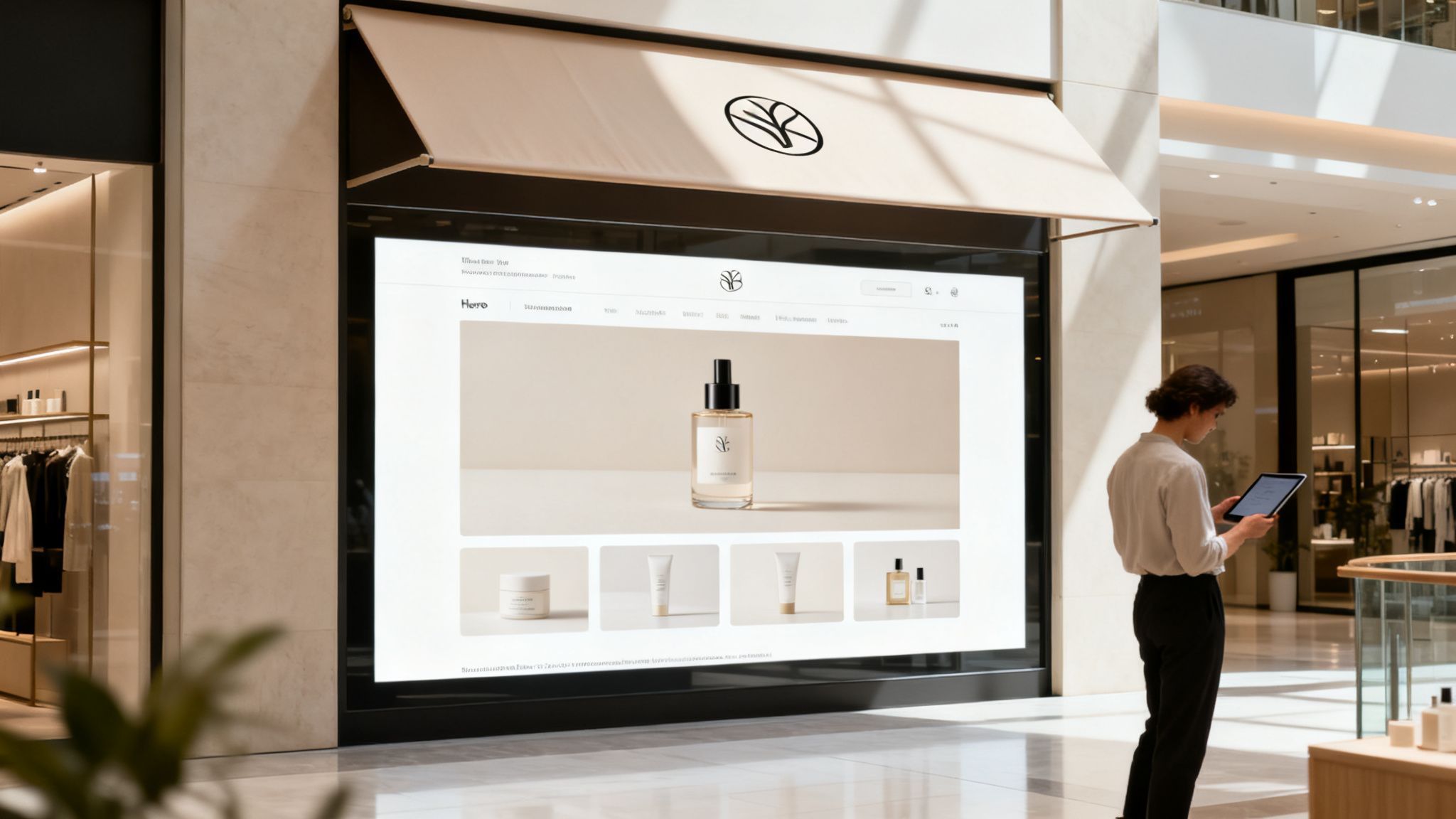 A person in a modern shopping mall views a large digital display showcasing beauty products and holding a tablet.