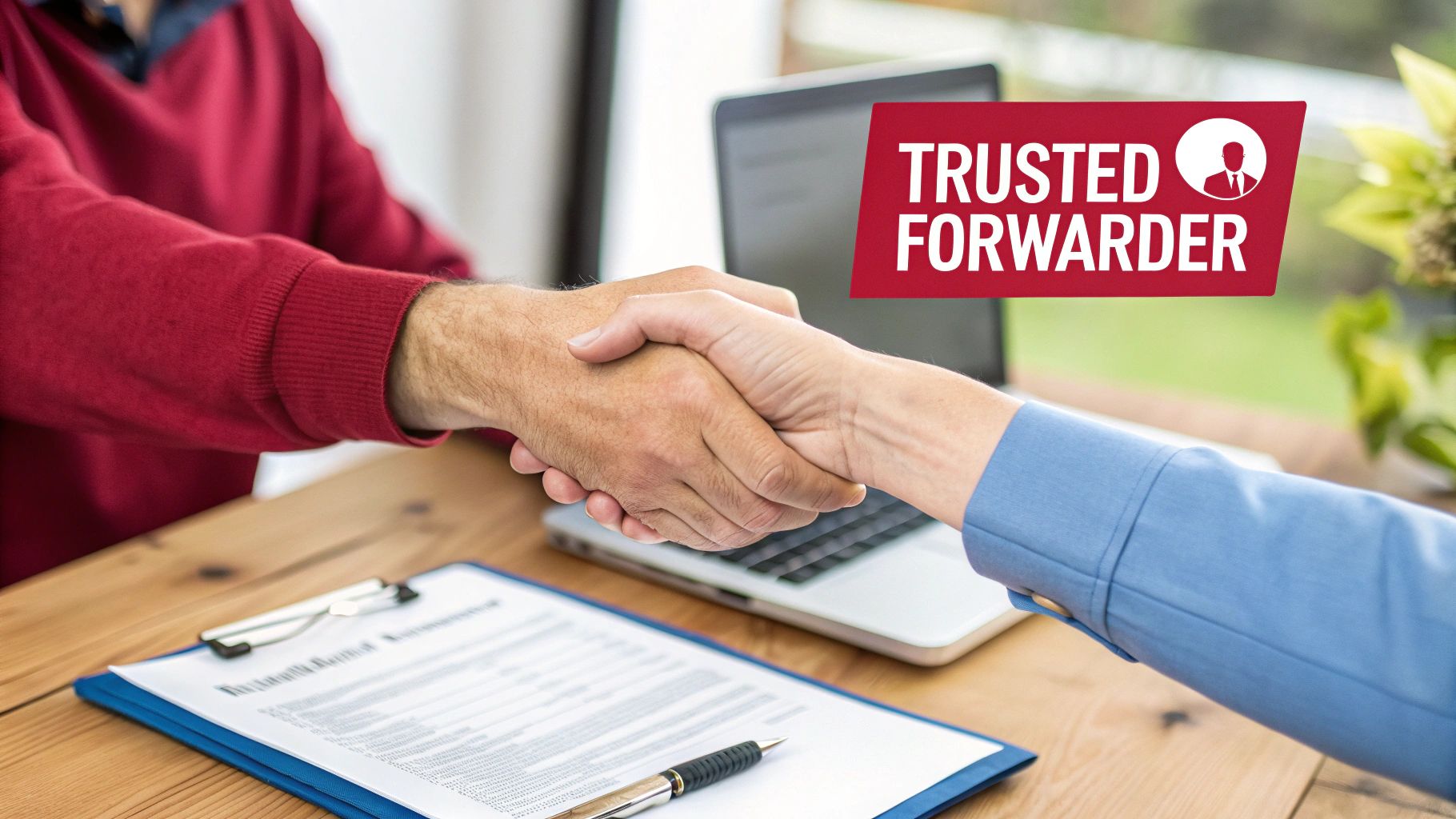 Two professionals shaking hands over desk with trusted forwarder label and shipping documents