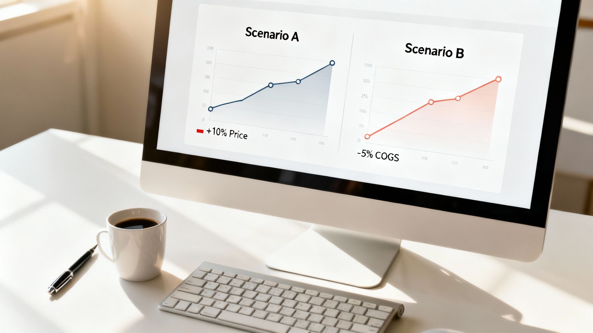 A computer screen displays two financial analysis graphs for profit margin scenarios, with a coffee cup and keyboard.