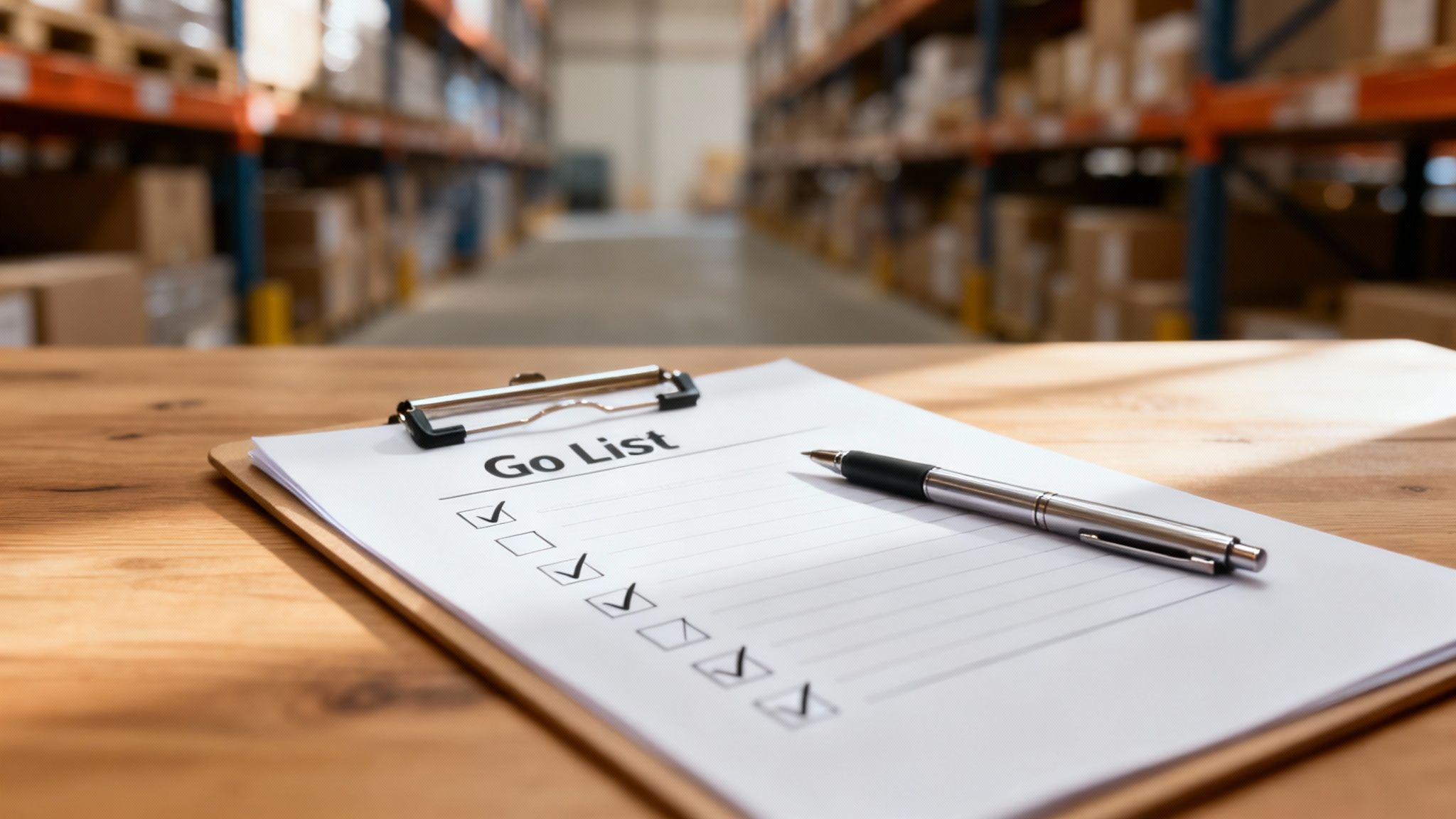 A clipboard with a 'Go List' and a pen on a wooden table in a blurred warehouse.