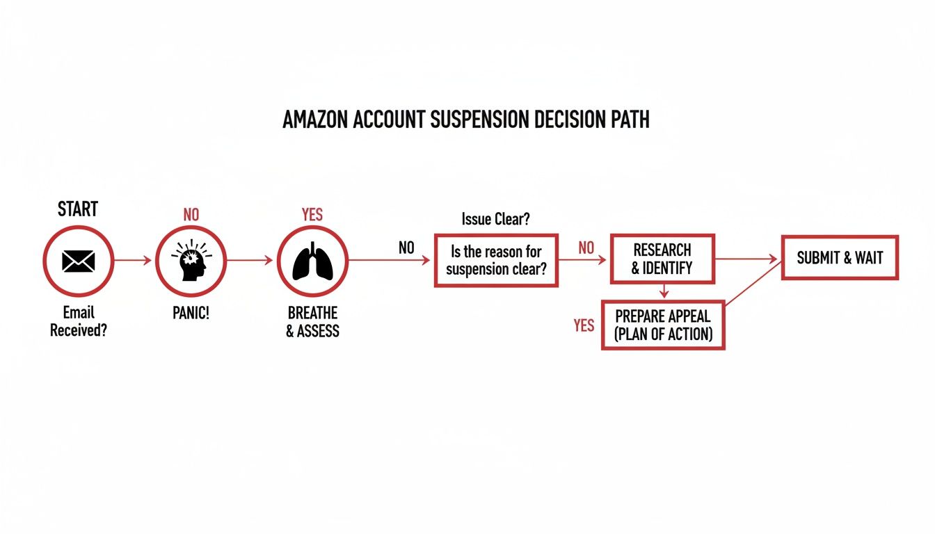 A flowchart outlining the Amazon account suspension decision path from email receipt to appeal submission.