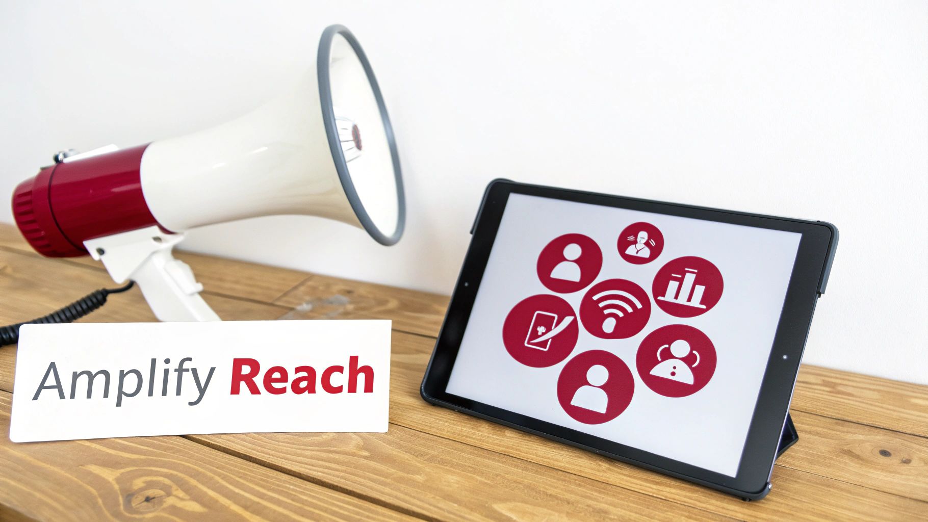 A megaphone icon with sound waves expanding outwards, symbolizing growth and reach.