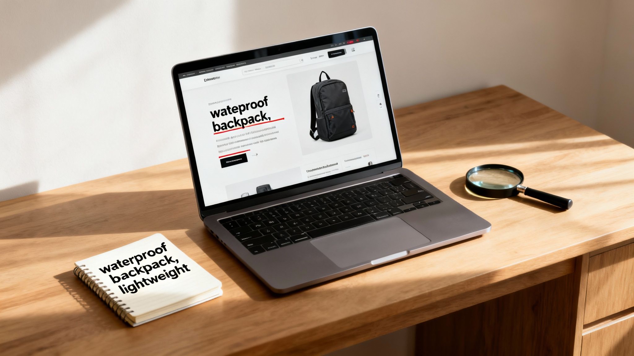 A laptop on a wooden desk displays a website selling a black waterproof backpack, with a notebook and magnifying glass nearby.