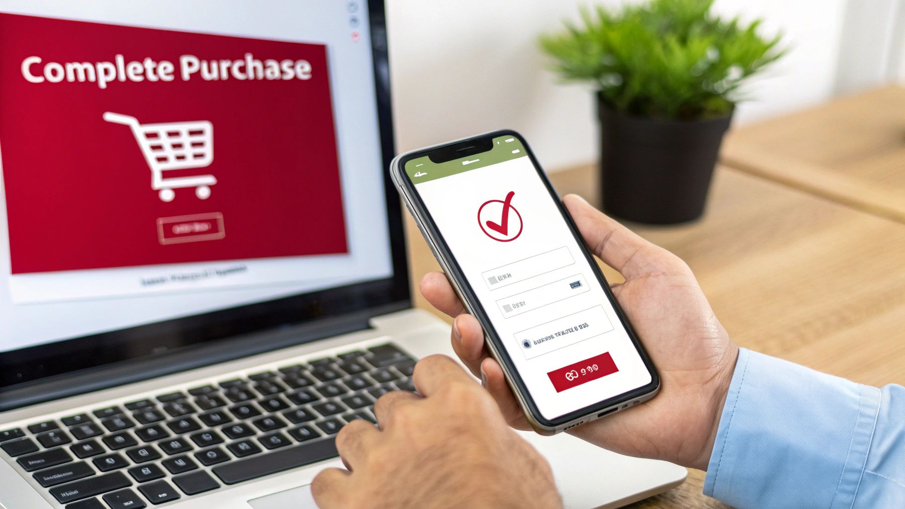 A person happily completing a purchase on their smartphone, illustrating a smooth checkout process.