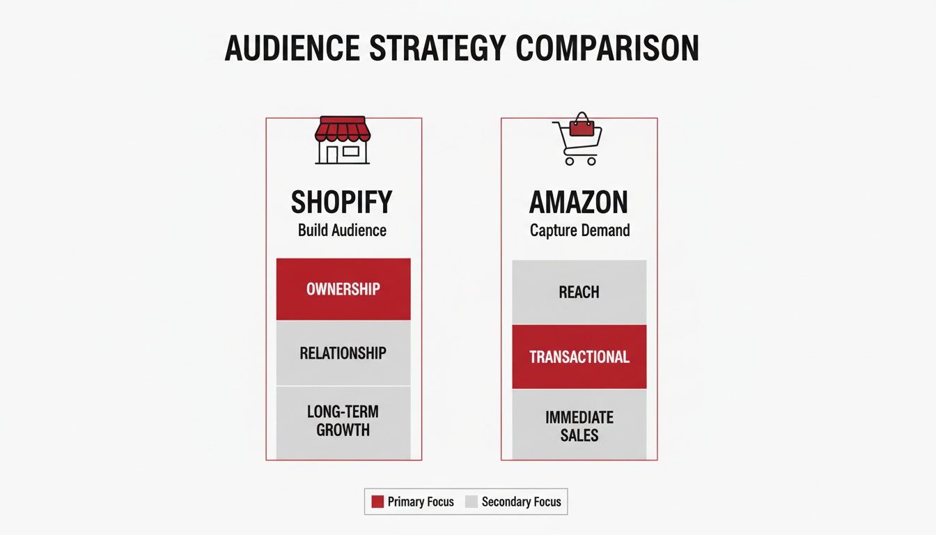 Comparison of Shopify and Amazon audience strategies, highlighting ownership and transactional focuses.