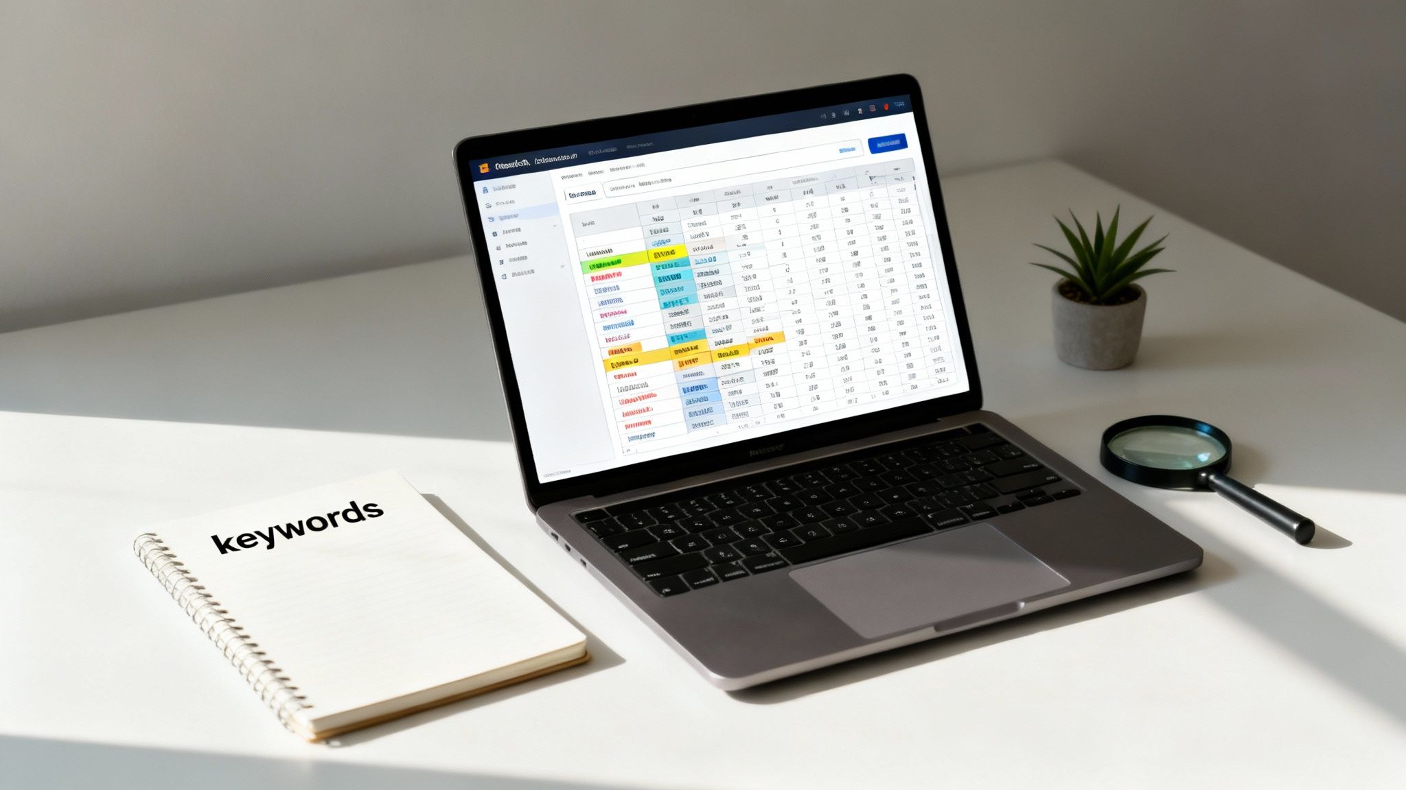 A laptop displaying a keyword research tool, a notebook titled 'keywords', a magnifying glass, and a plant on a desk.
