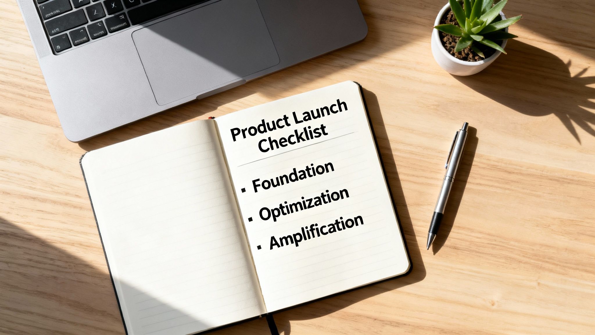 Top-down view of a product launch checklist in a notebook on a wooden desk with a laptop and pen.