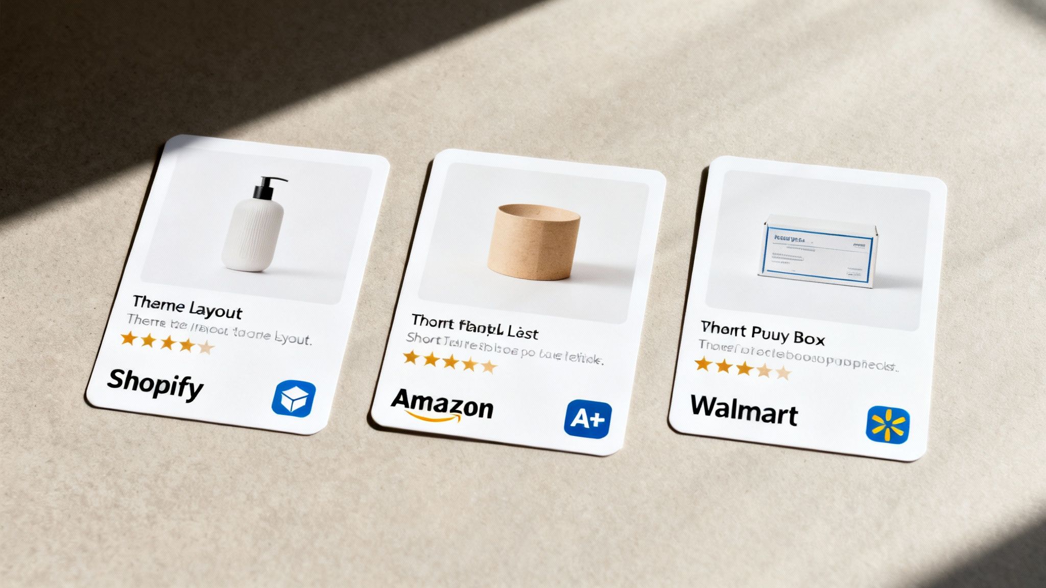 Three e-commerce product review cards displaying ratings for products on Shopify, Amazon, and Walmart.