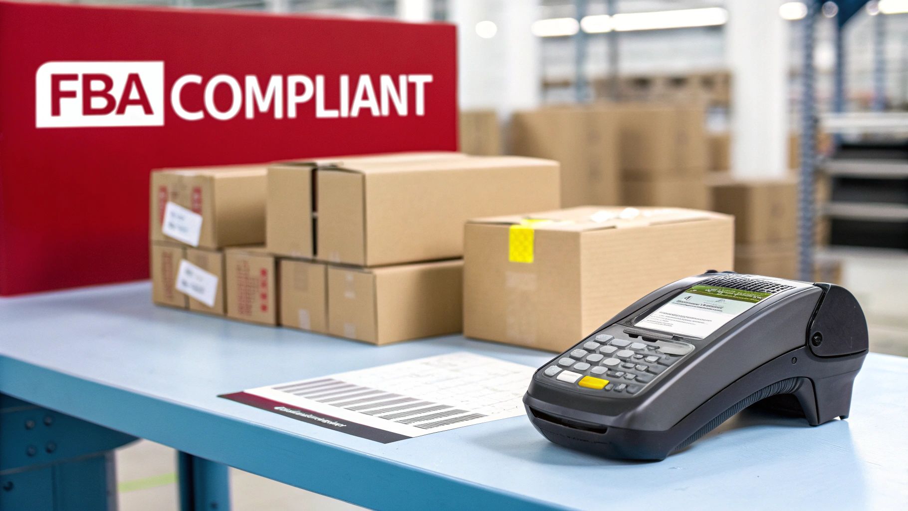 Barcode scanner and cardboard boxes on warehouse table with FBA compliant sign for Amazon fulfillment