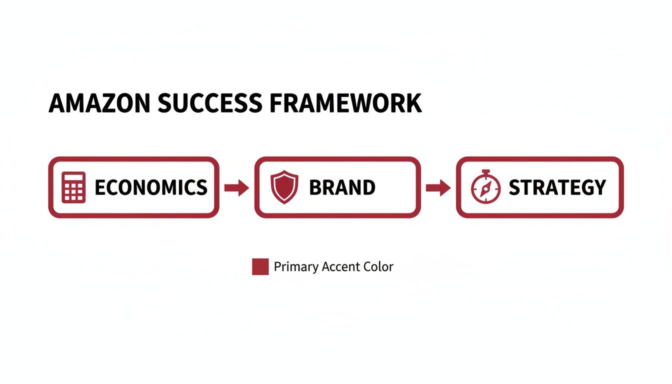 A visual framework showing Amazon's success model with Economics, Brand, and Strategy linked by arrows.