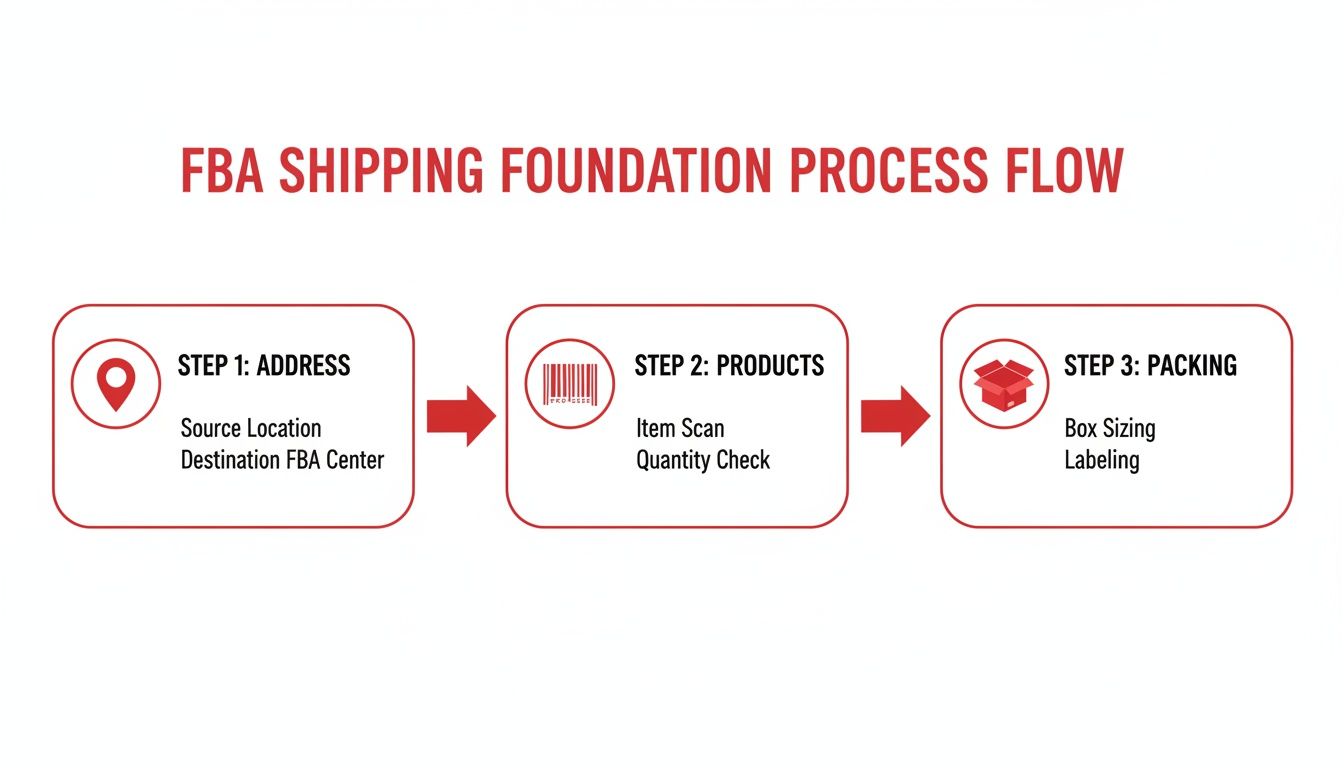 A diagram illustrating the FBA shipping foundation process flow with three steps: Address, Products, and Packing.