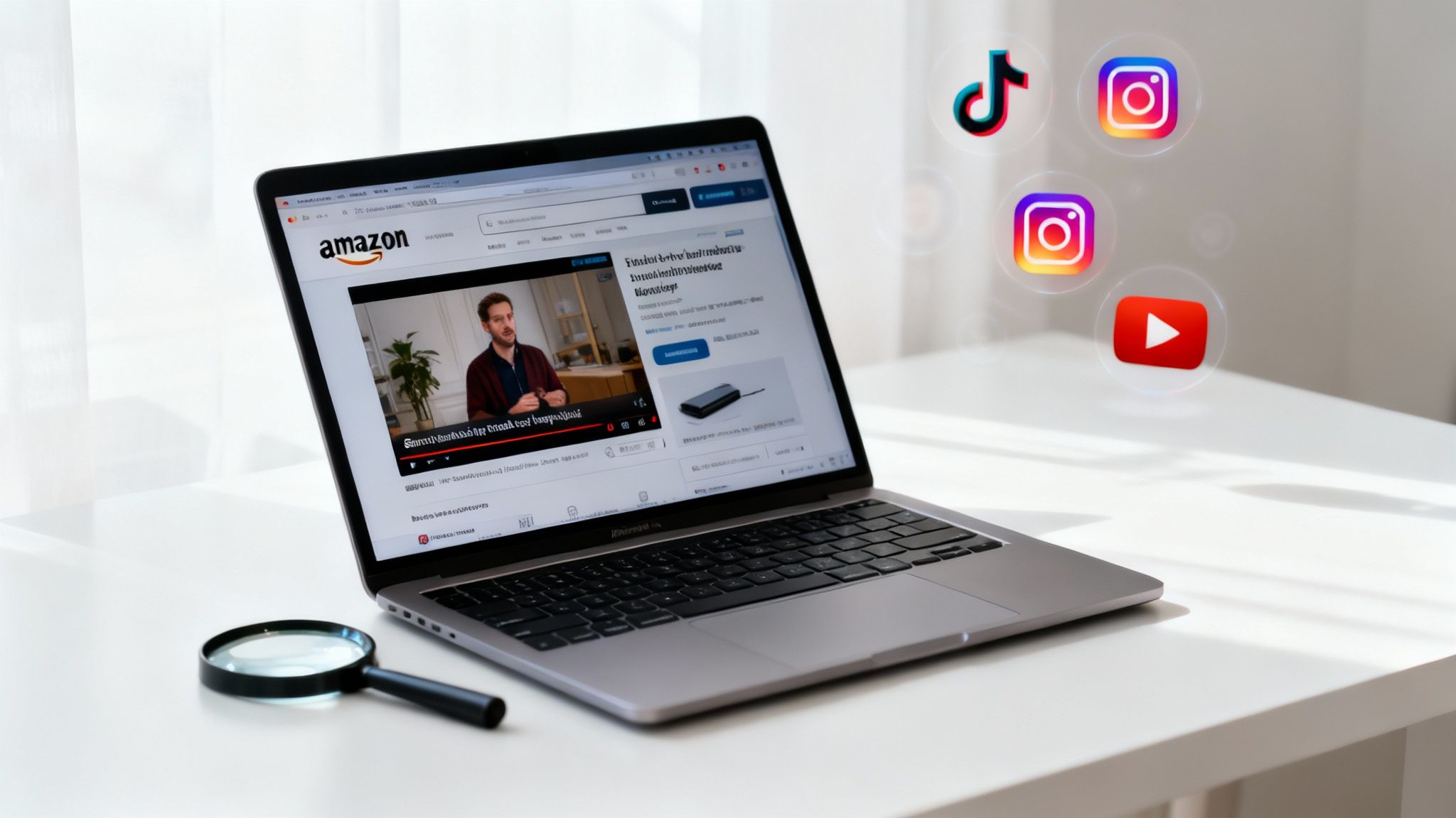 A laptop displaying Amazon with a video, a magnifying glass, and social media icons like TikTok, Instagram, YouTube.