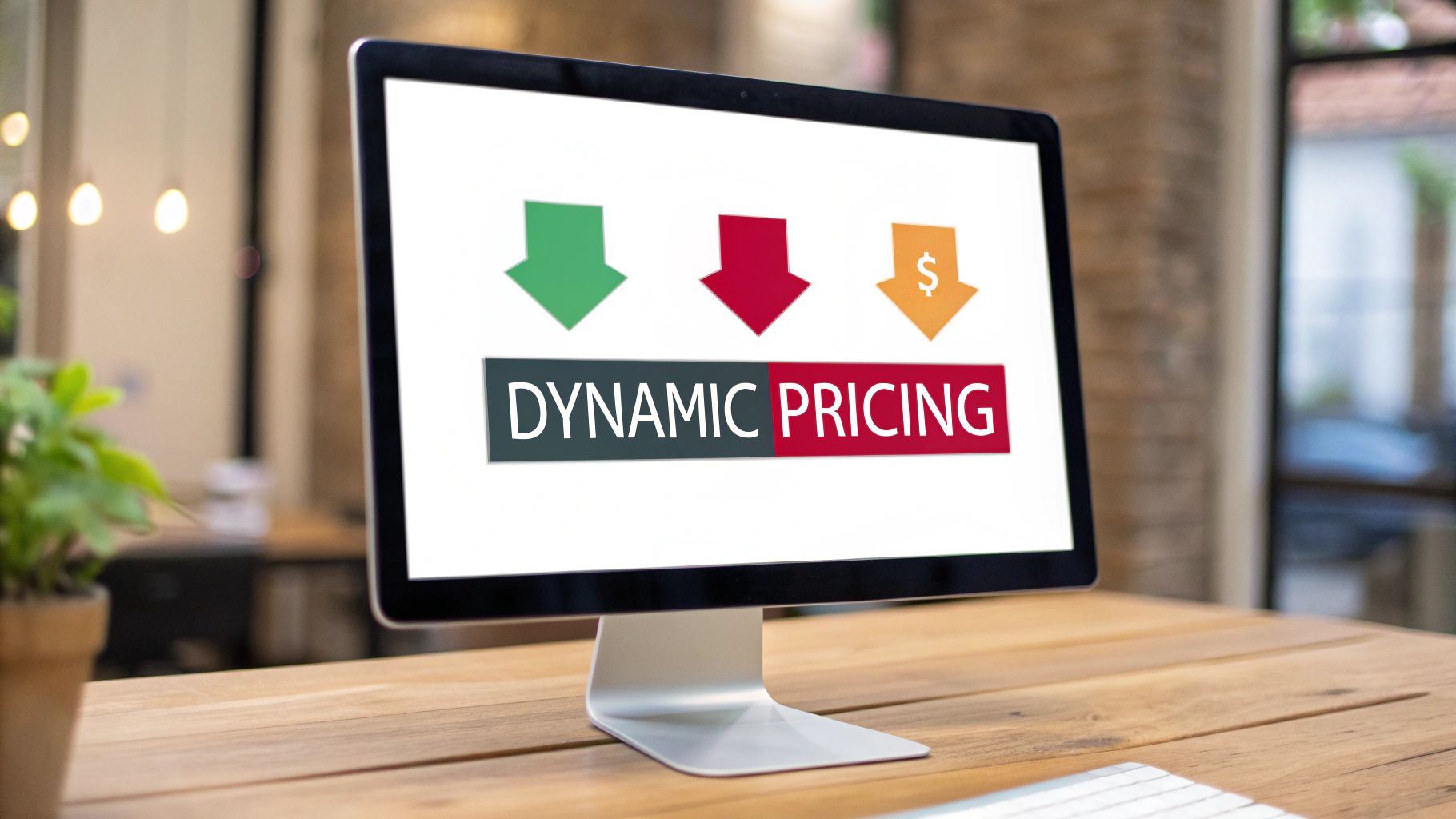 Computer screen displaying dynamic pricing concept with colorful arrows and dollar sign symbol