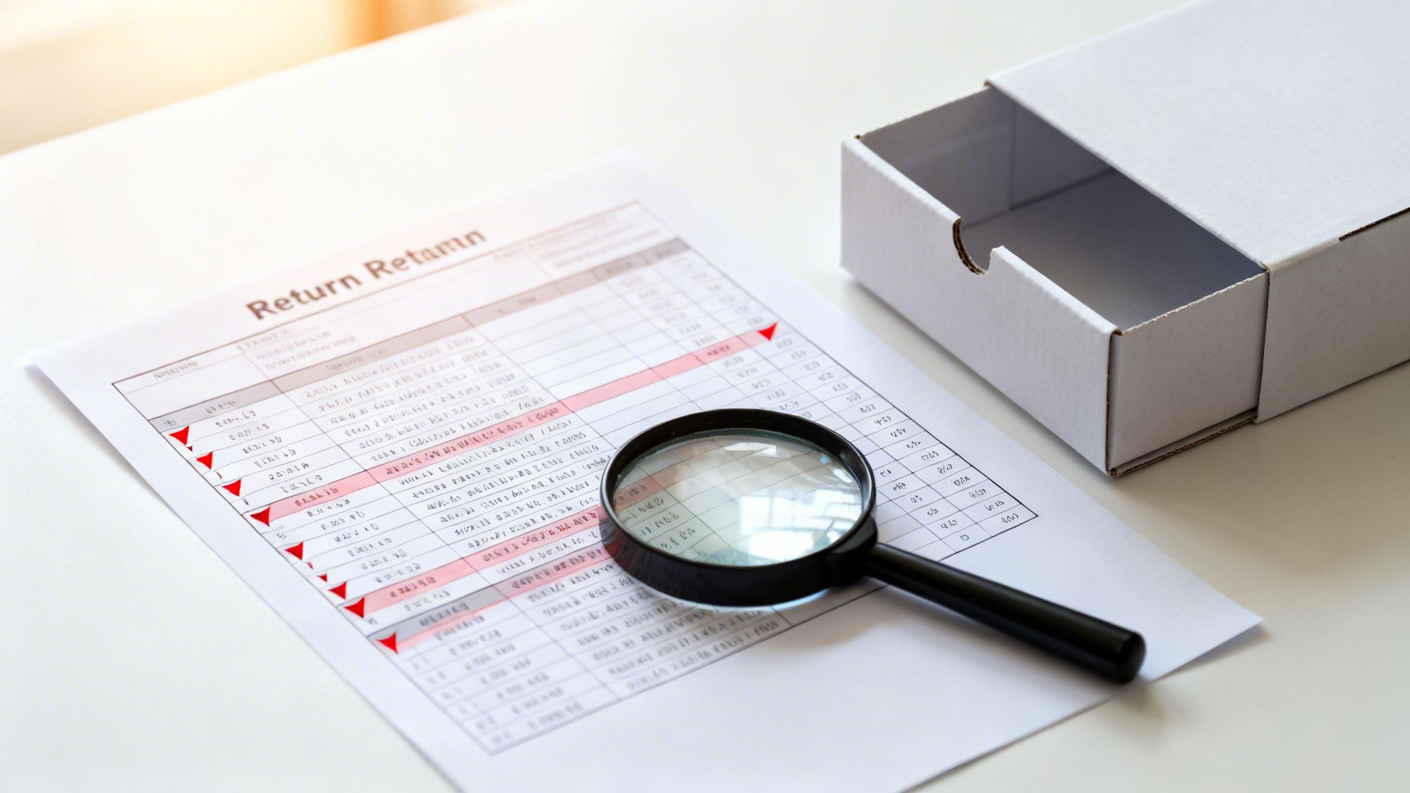 A magnifying glass rests on a document displaying 'Return Report' and data, next to an open white box.