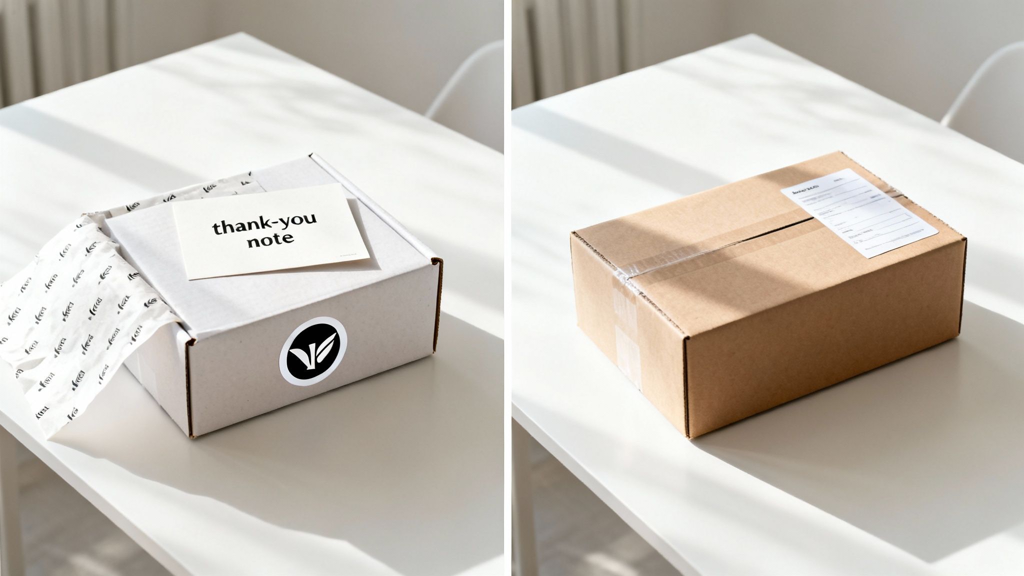 Two e-commerce shipping boxes on a white table, one open with a thank-you note and logo, one sealed brown package.