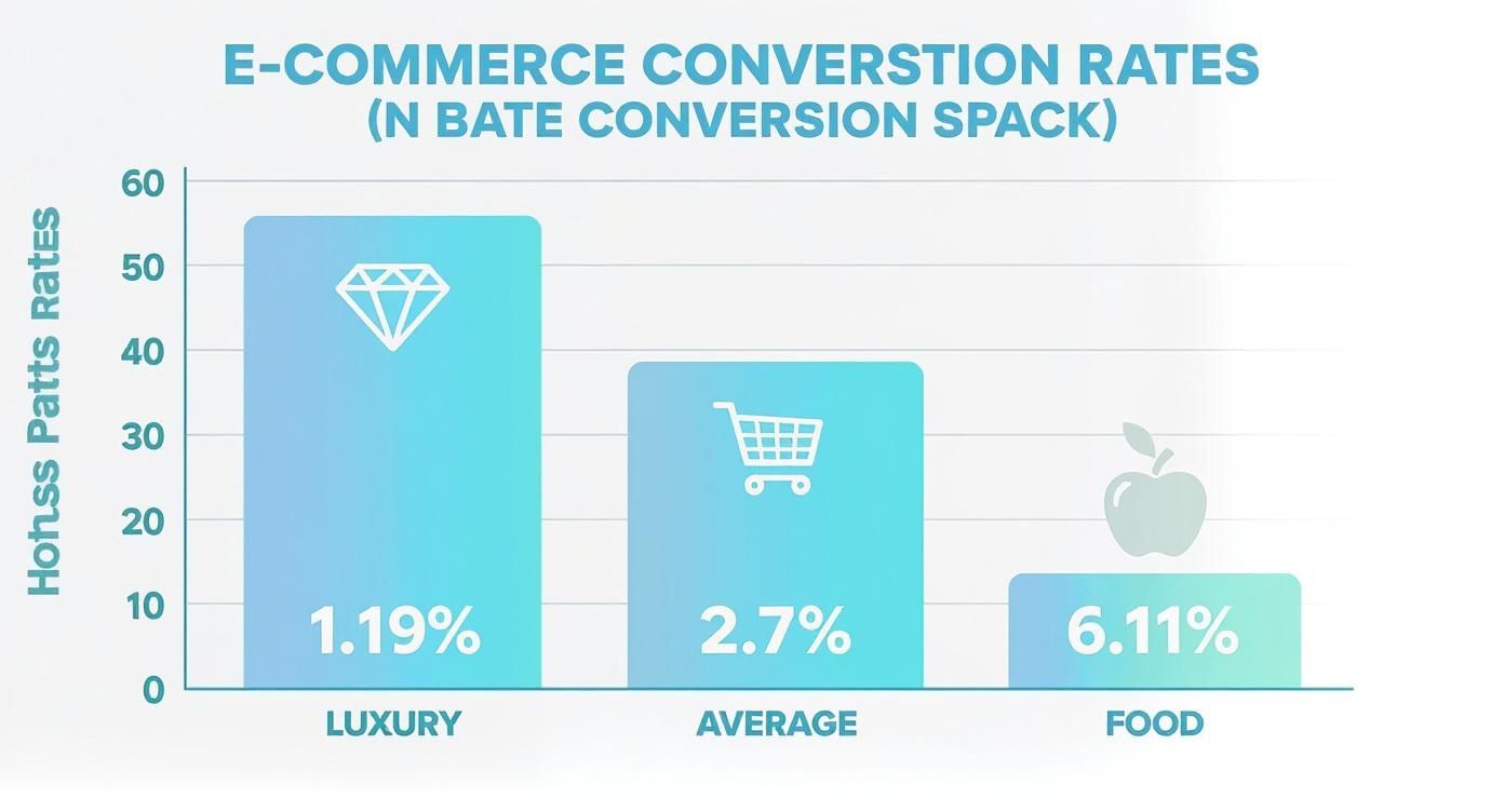 Bar chart illustrating e-commerce conversion rates across luxury, average, and food categories.