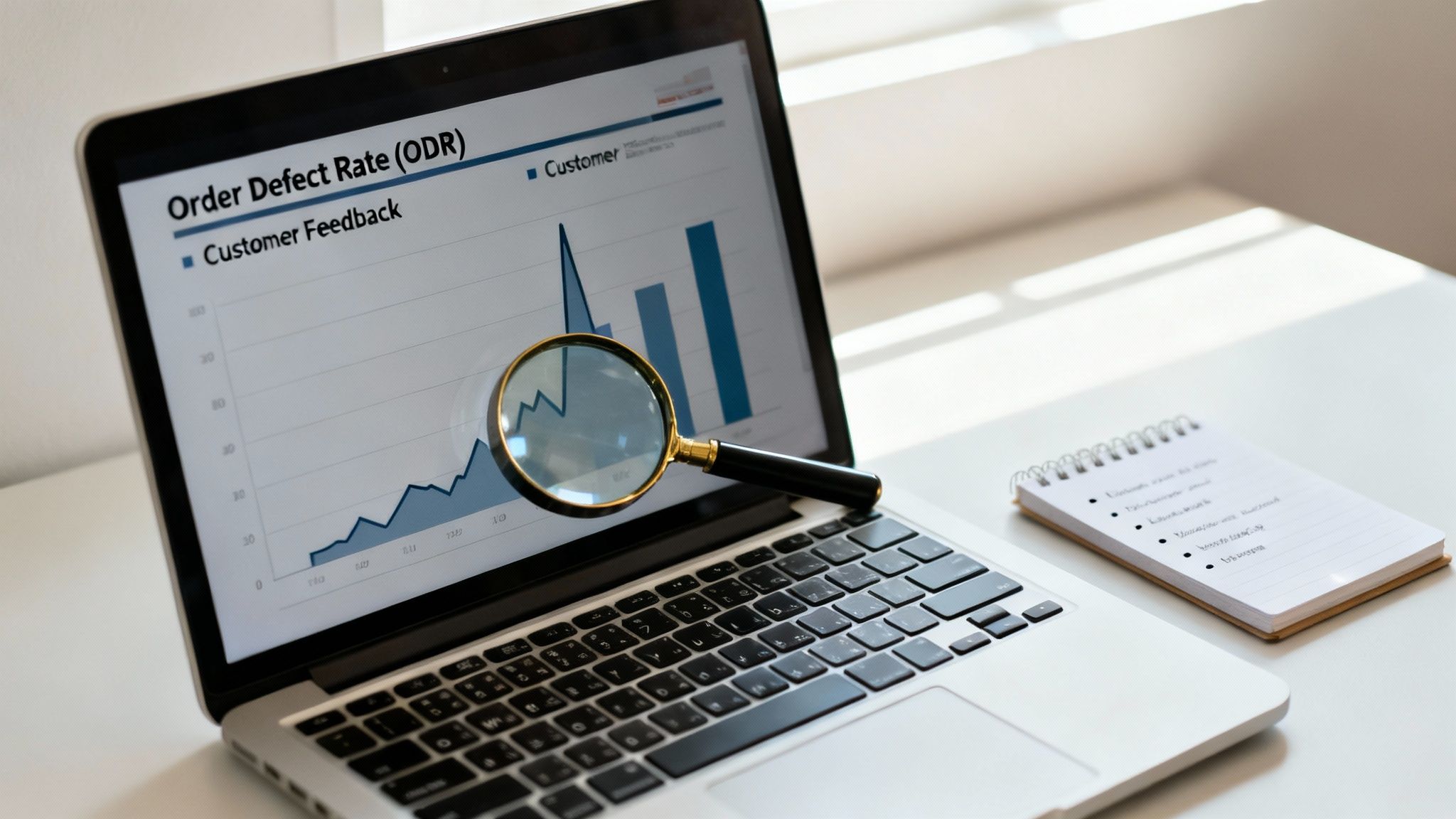 A laptop showing 'Order Defect Rate' graph with a magnifying glass and a notepad.
