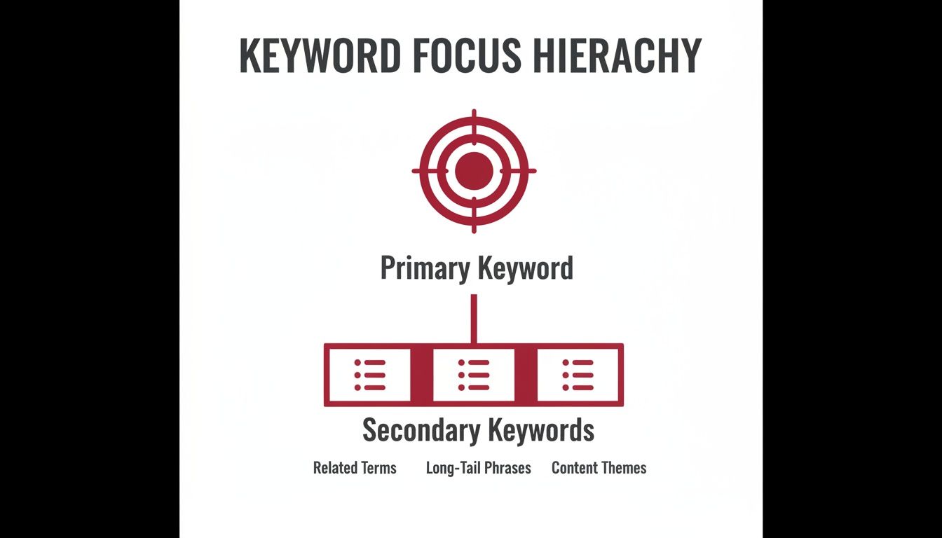 An SEO keyword focus hierarchy diagram showing a primary keyword at the top, branching into secondary keywords.