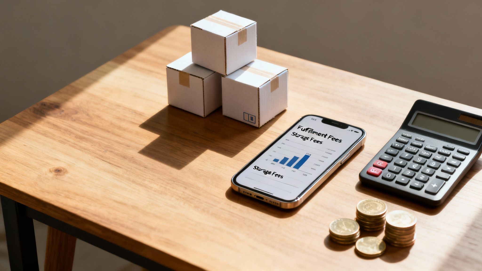 A smartphone displays fulfillment and storage fees next to boxes, a calculator, and coins, representing business costs.