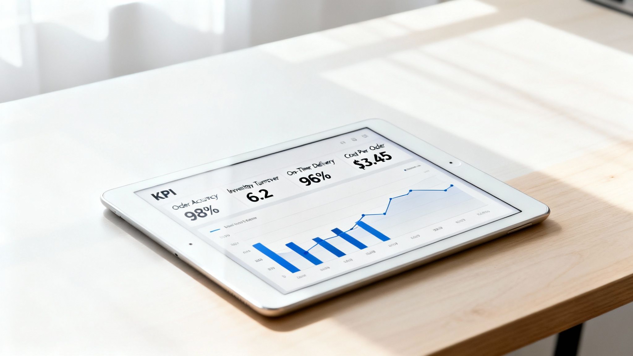 A white tablet on a wooden desk displaying an e-commerce supply chain management dashboard with KPIs.