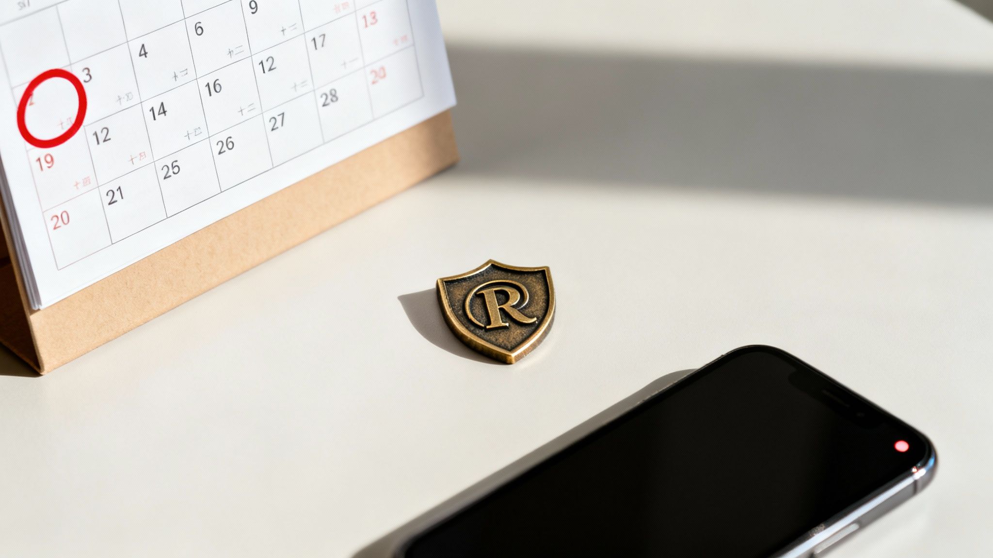 A desk calendar with a circled date, a gold shield "R" logo, and a black smartphone on a white surface.