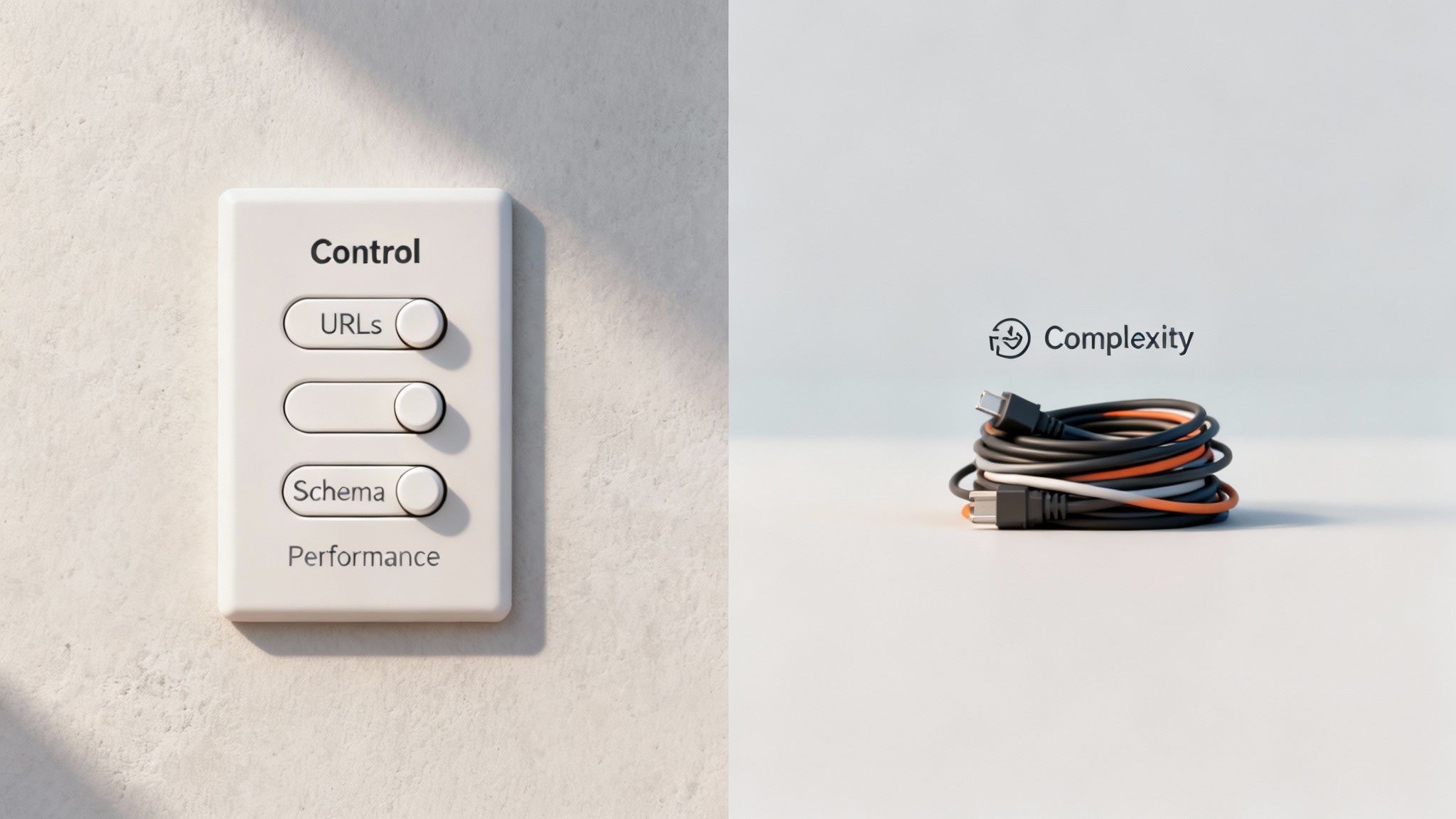 A wall panel with URL and Schema control switches next to a pile of tangled cables representing complexity.
