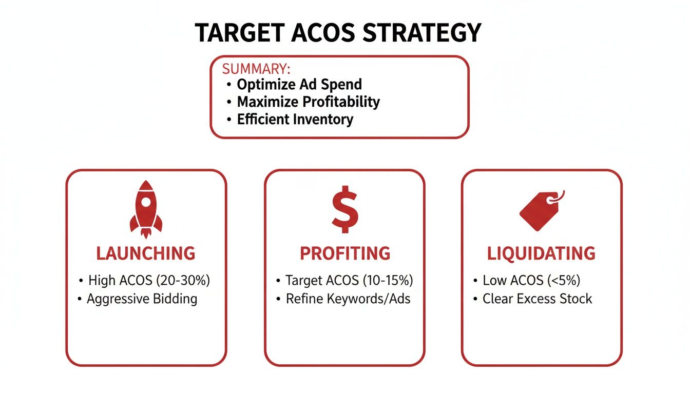 Target ACOS strategy diagram outlining launching, profiting, and liquidating phases with specific ACOS targets.