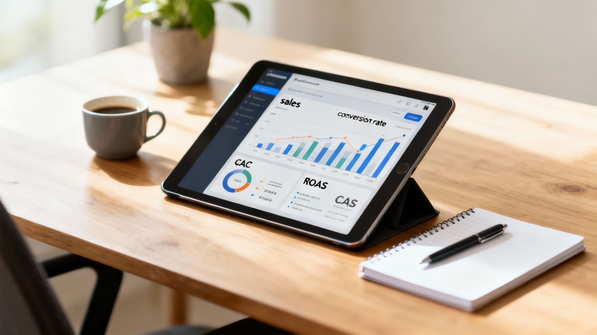 Tablet displaying business analytics dashboards with graphs and data on a wooden desk.