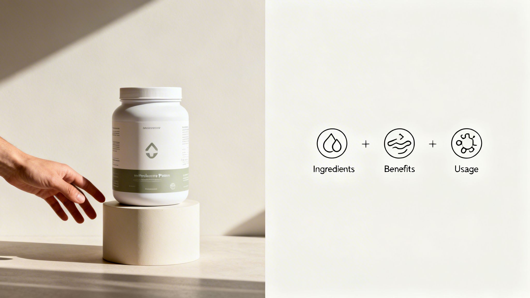 Hand reaching for a minimalist white supplement jar; icons detail ingredients, benefits, and usage.