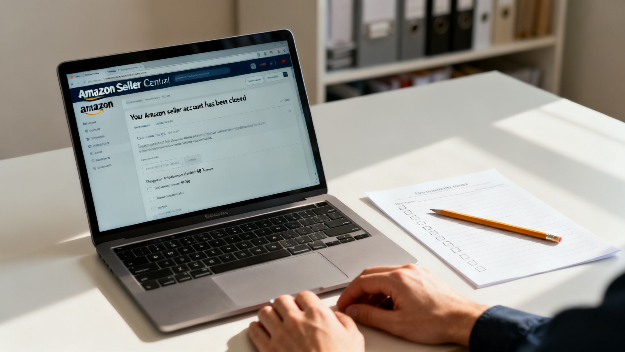 Person's hands near laptop displaying Amazon Seller Central 'account closed' message on a desk with a notepad.